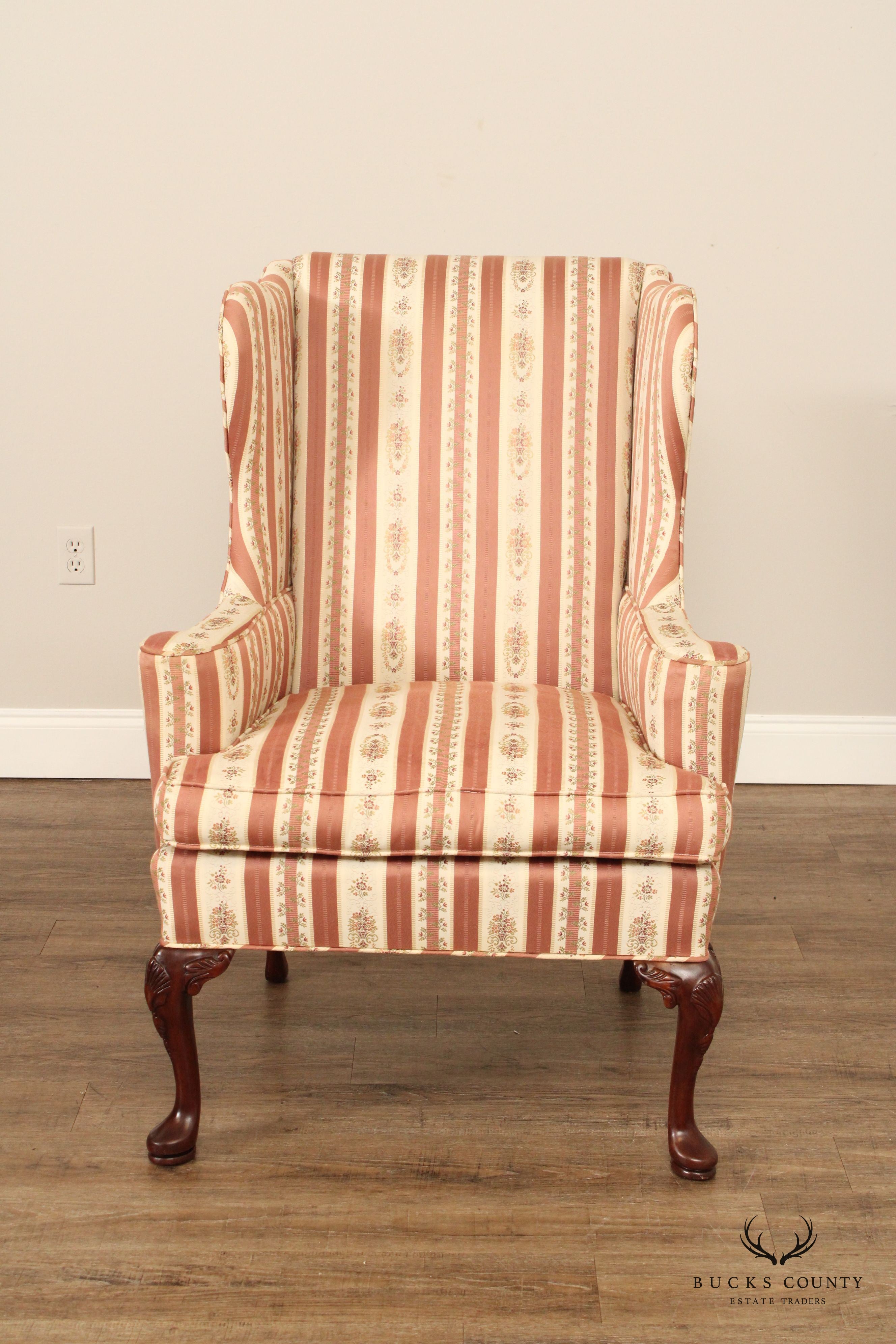 Hickory Chair Queen Anne Style Pair of Mahogany Wing Chairs