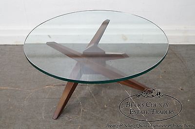 Mid Century Walnut Cubist Splayed Leg Round Glass Top Coffee Table