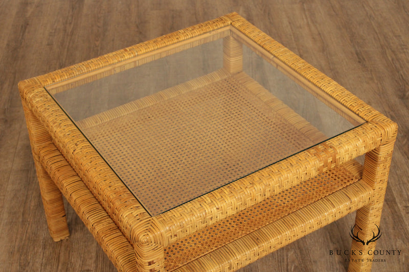 Vintage Wicker Rattan Square End Table with Glass Top