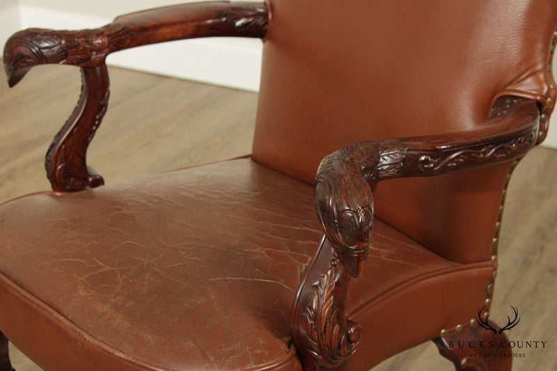 Georgian Chippendale Style Mahogany Eagle Carved Leather Armchair