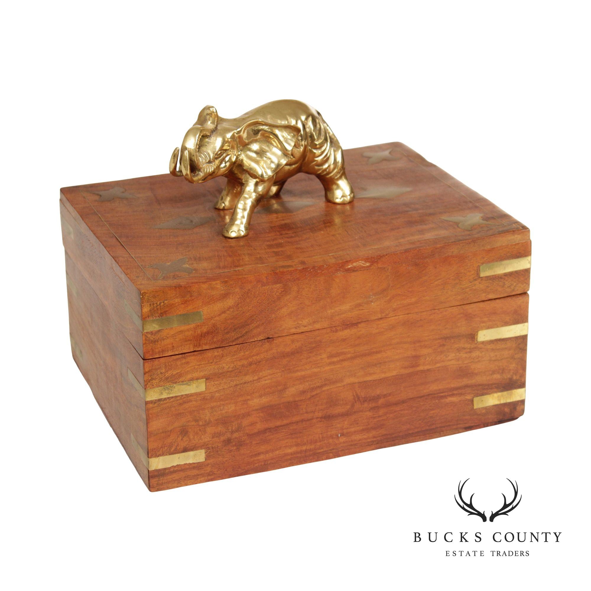 Campaign Style Teak and Brass Elephant Cigar or Jewelry Box