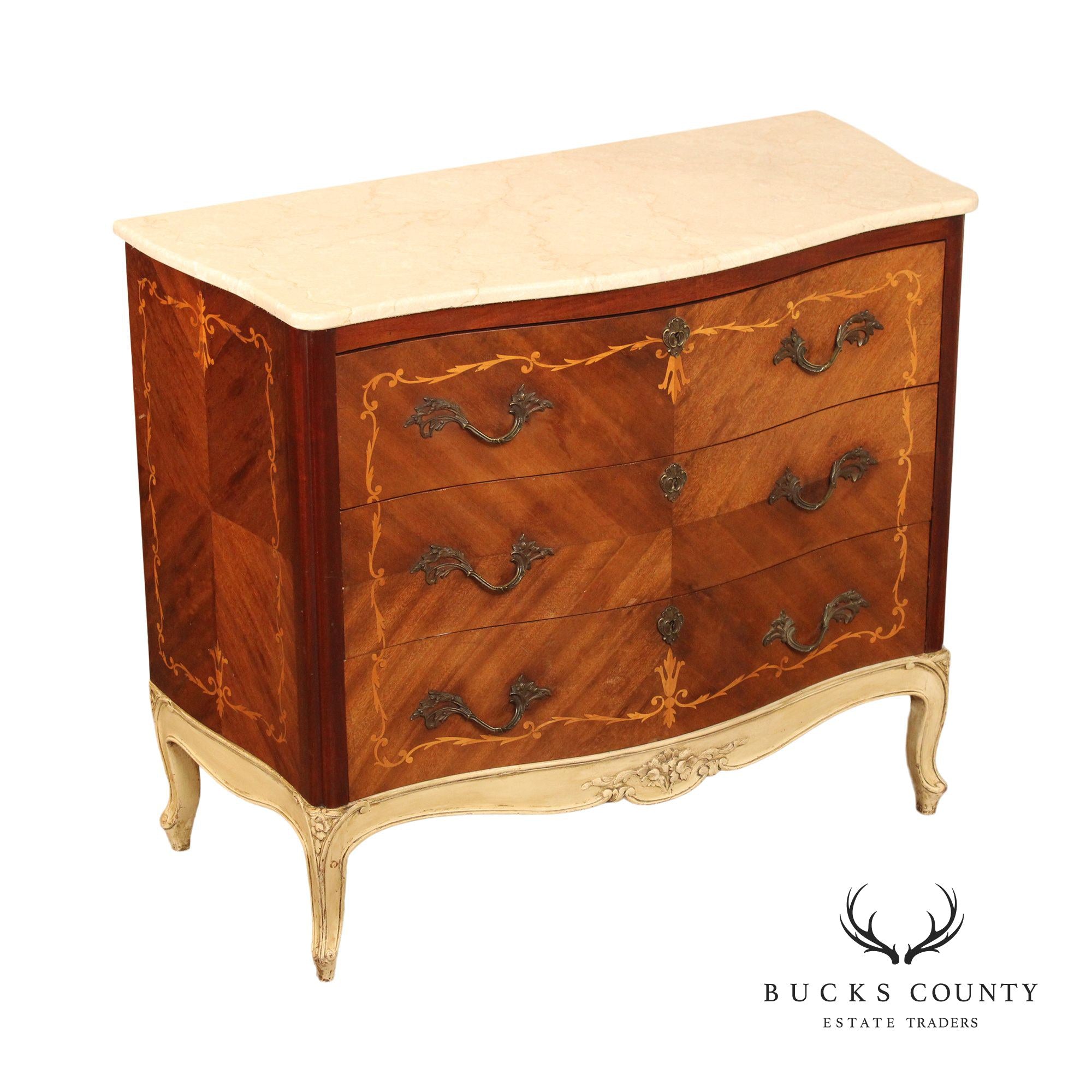 1920's French Marquetry Inlaid Marble Top Chest of Drawers