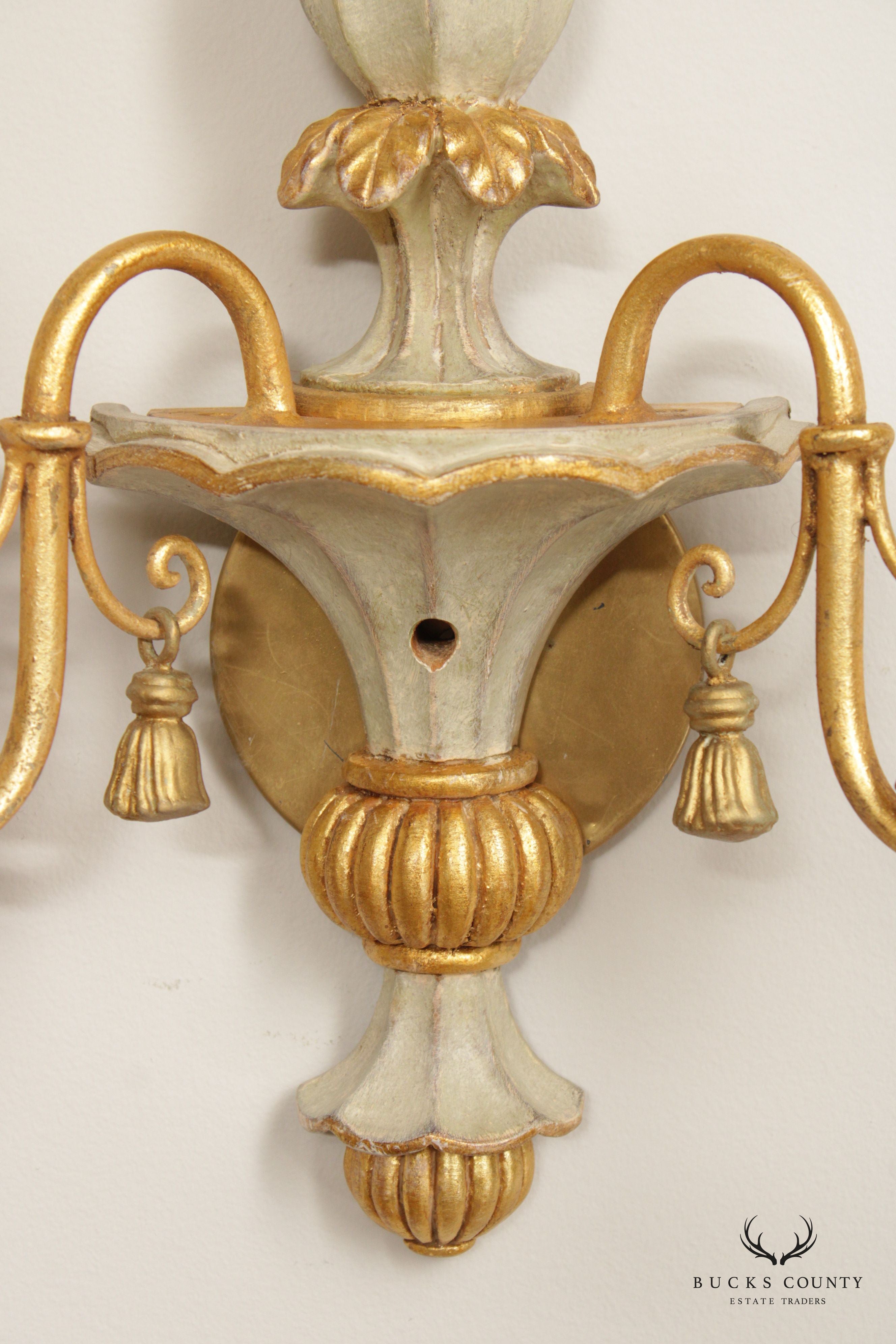 Italian Hollywood Regency Pair Parcel Gilt 2-Light Wall Sconces