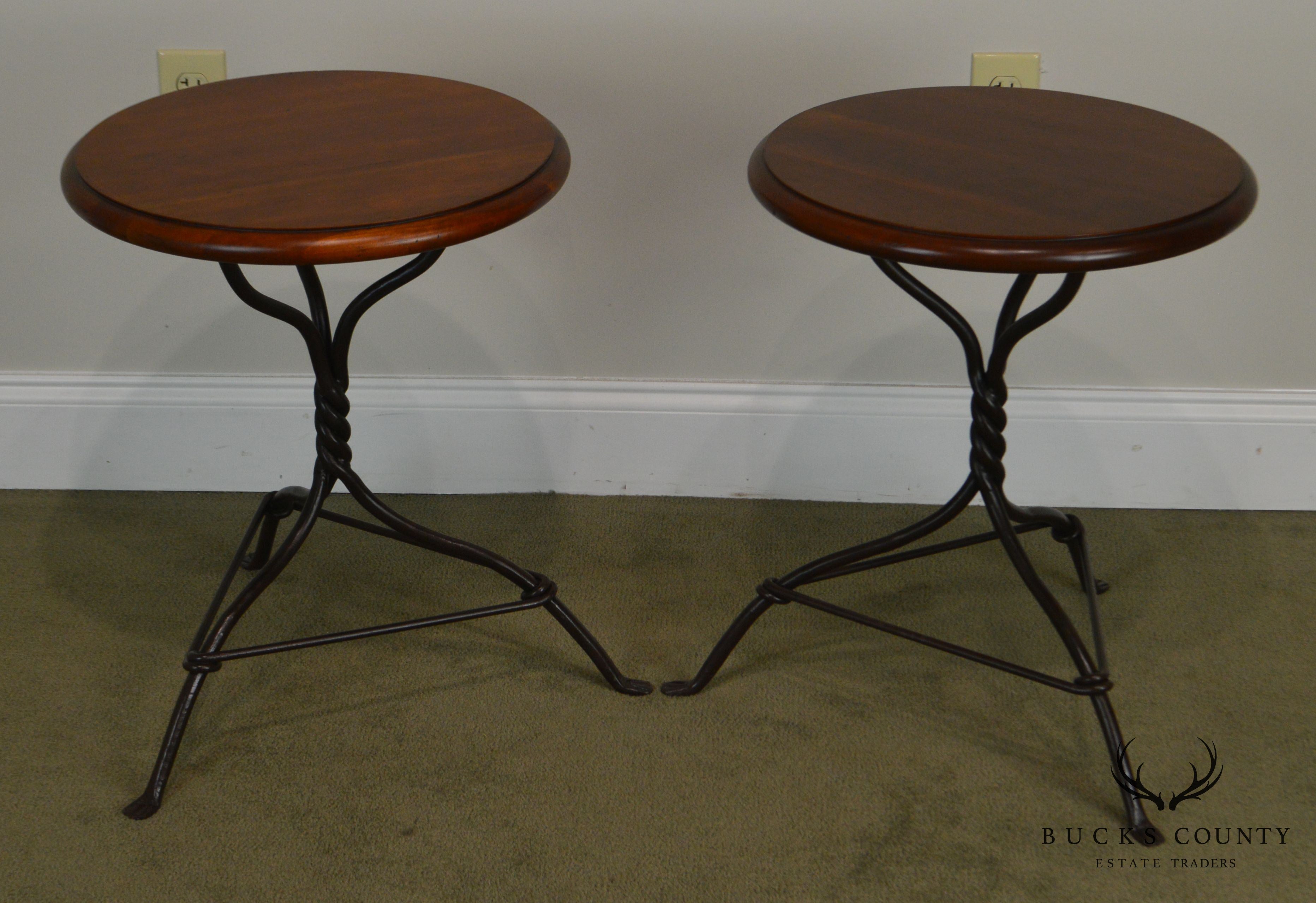 Charleston Forge Pair Twist Iron Base Round Cherry Top Side Tables