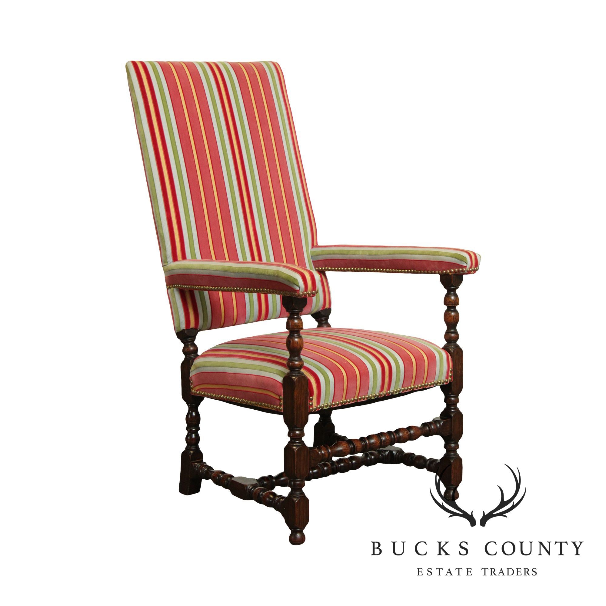 Jacobean Style Custom Quality Upholstered High Back Armchairs