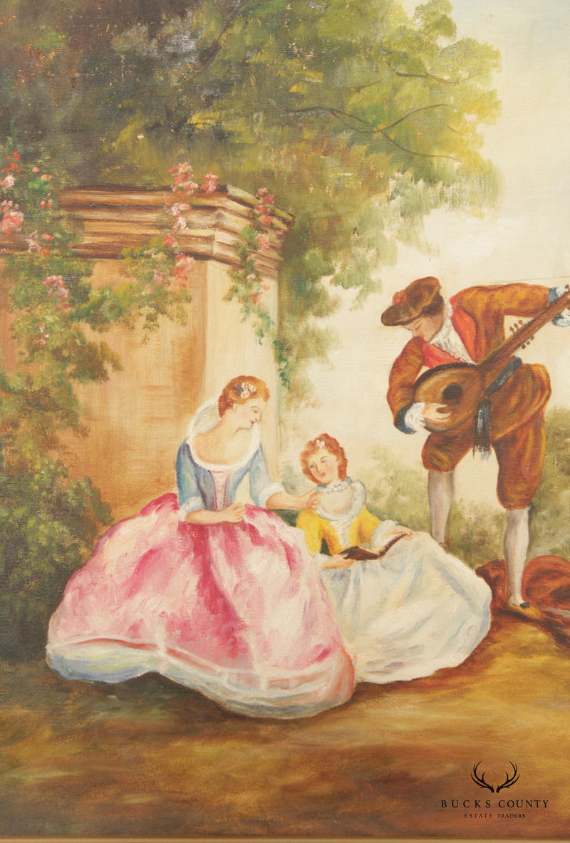 Vintage 20th C. French Rococo Style Garden Scene Painting, After Nicolas Lancret