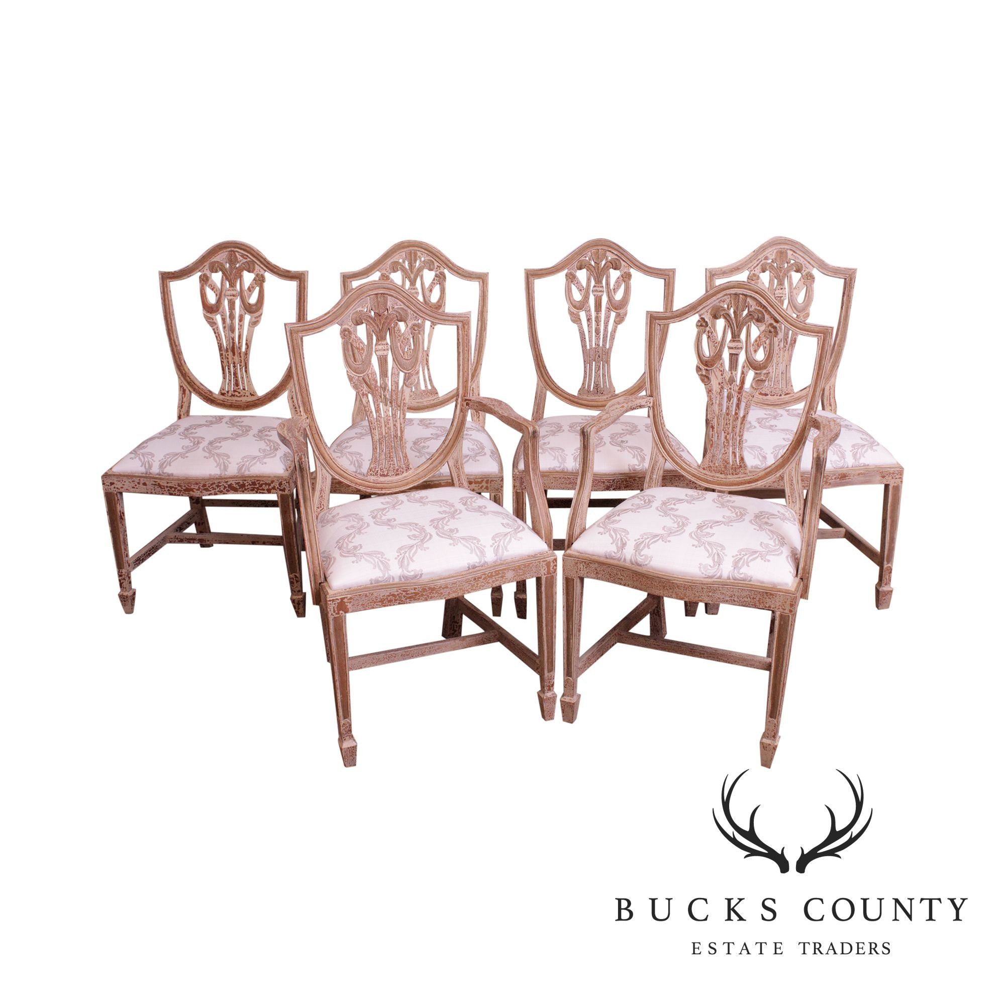 Hepplewhite Style Set 6 Crackle Painted Dining Chairs