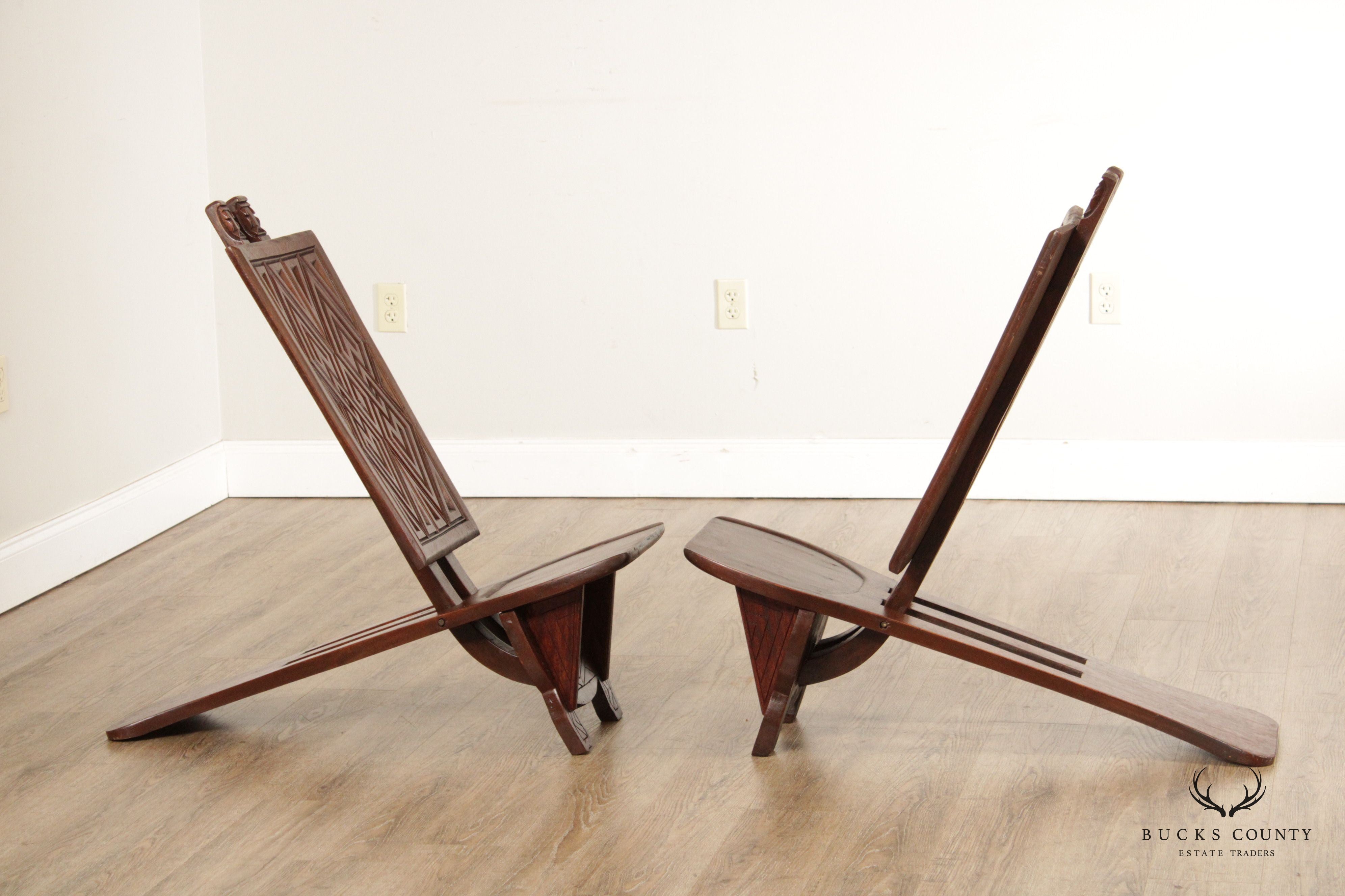 African Traditional Ceremonial Pair Mahogany Carved Folding Chairs