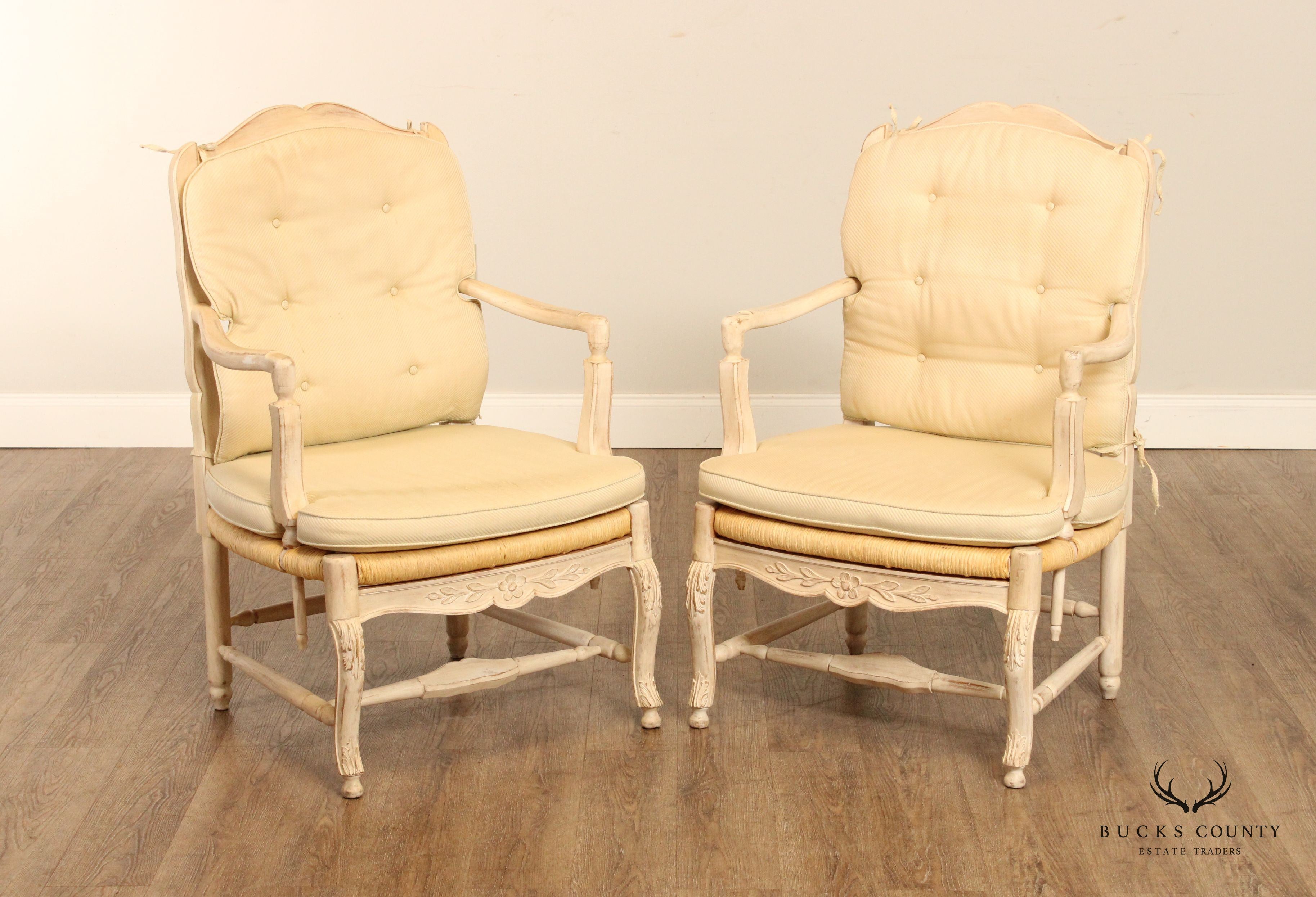 French Country Style Pair of Carved and Painted Armchairs