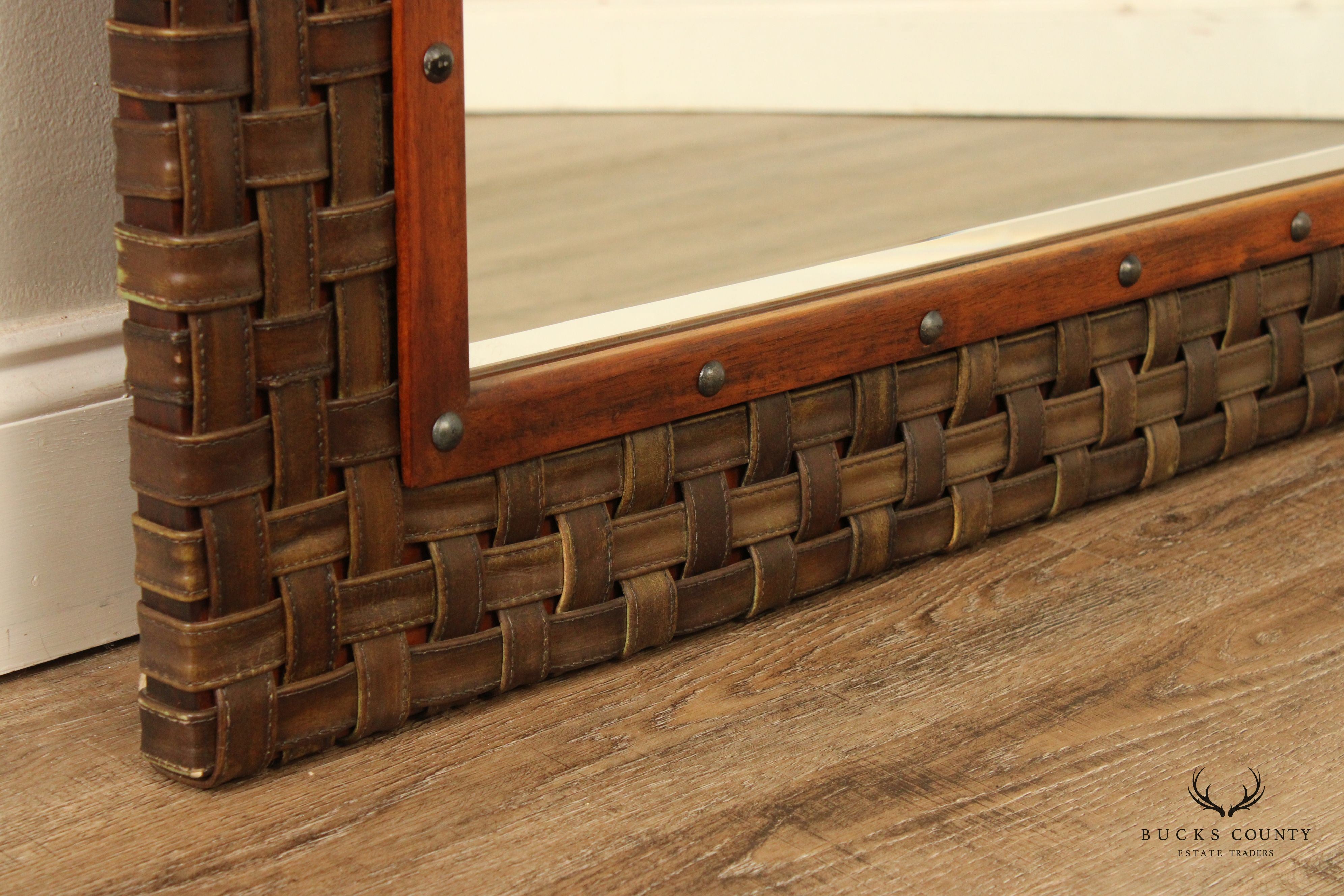 Woven Leather and Wood Frame Mantel Mirror