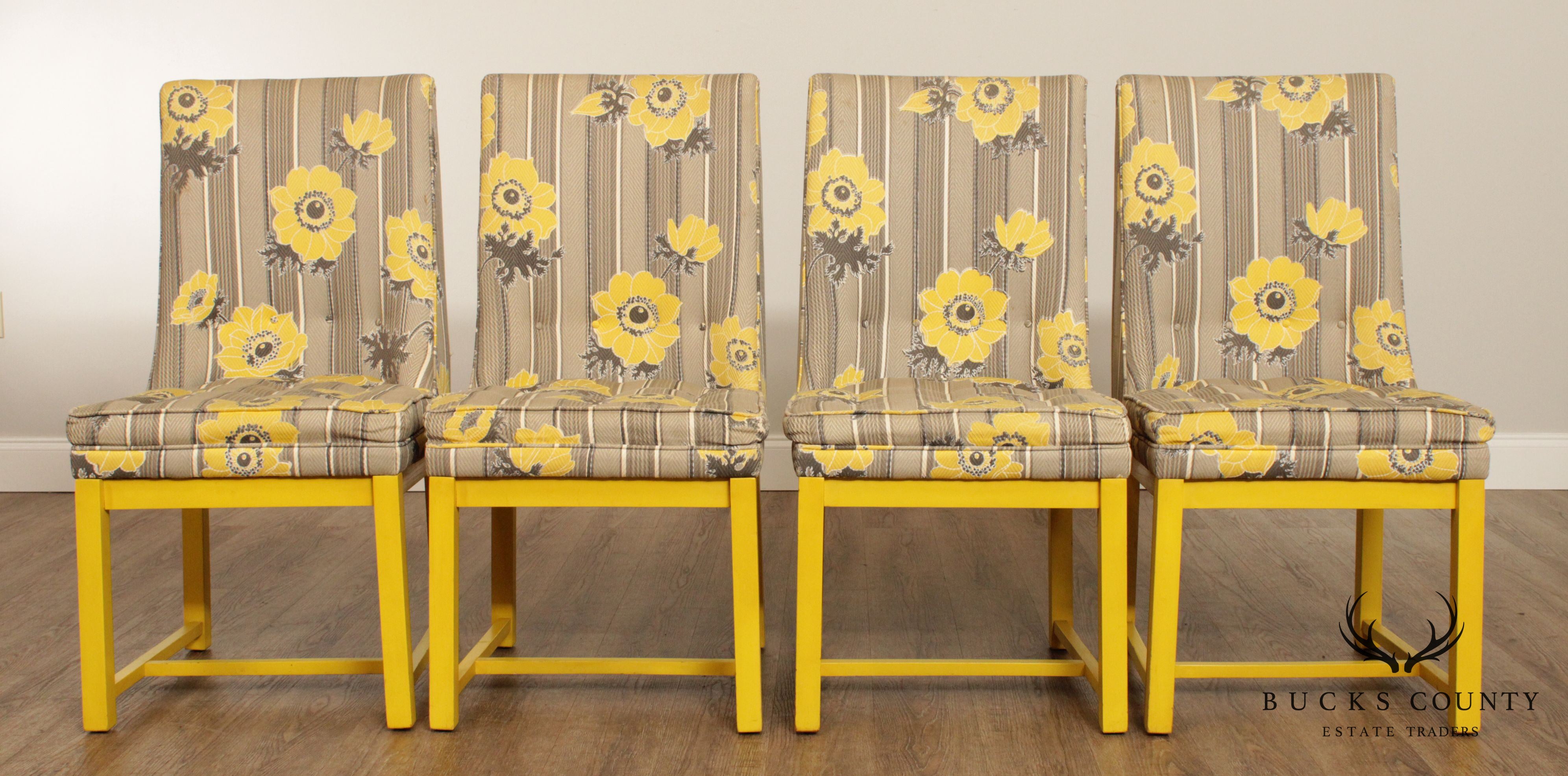 Dorothy Lerner Mid Century Yellow Frame Custom Upholstered Set 4 Dining Chairs