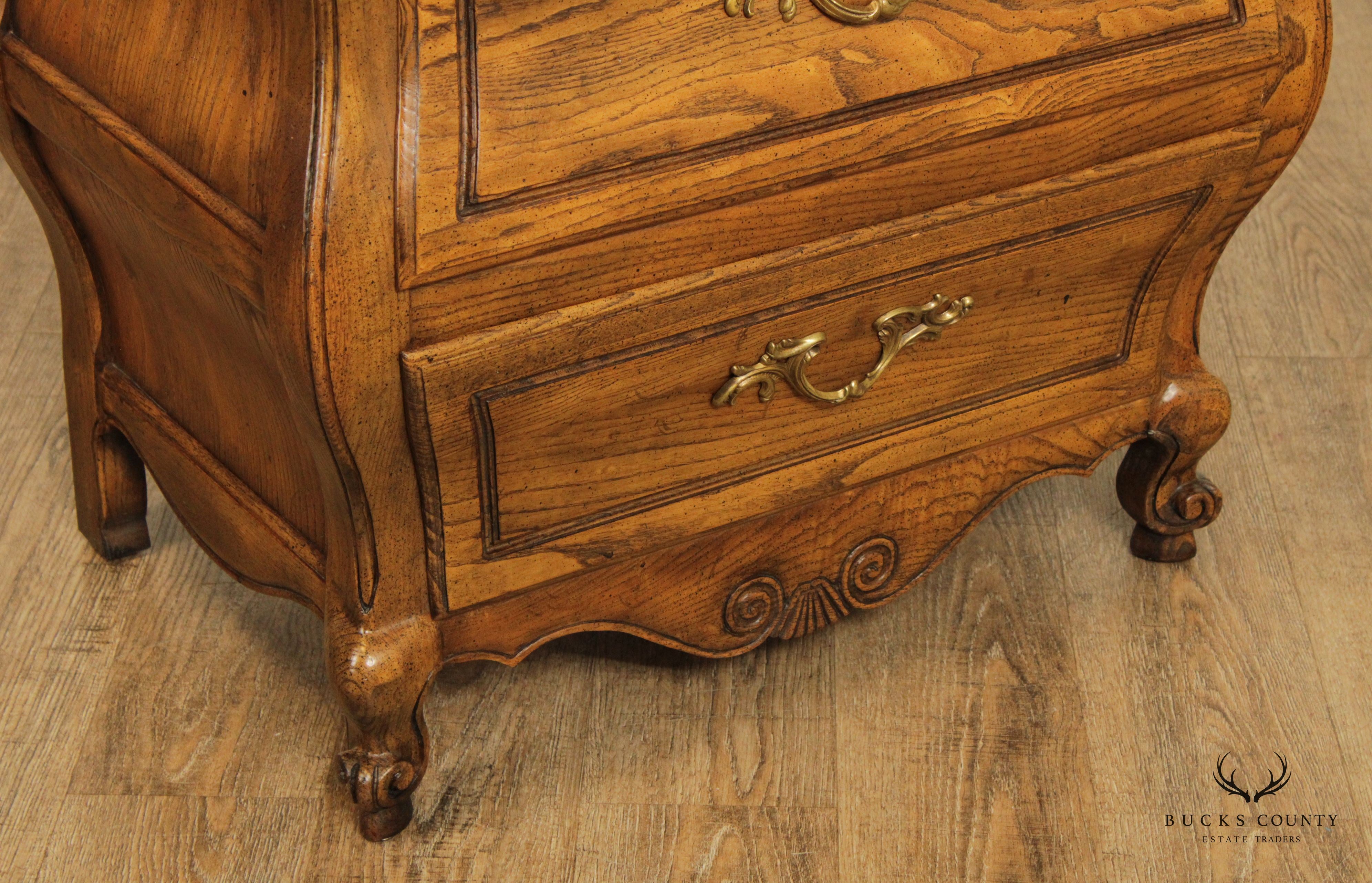 Baker French Louis XV Style Oak and Burlwood Bombe Chest Nightstand