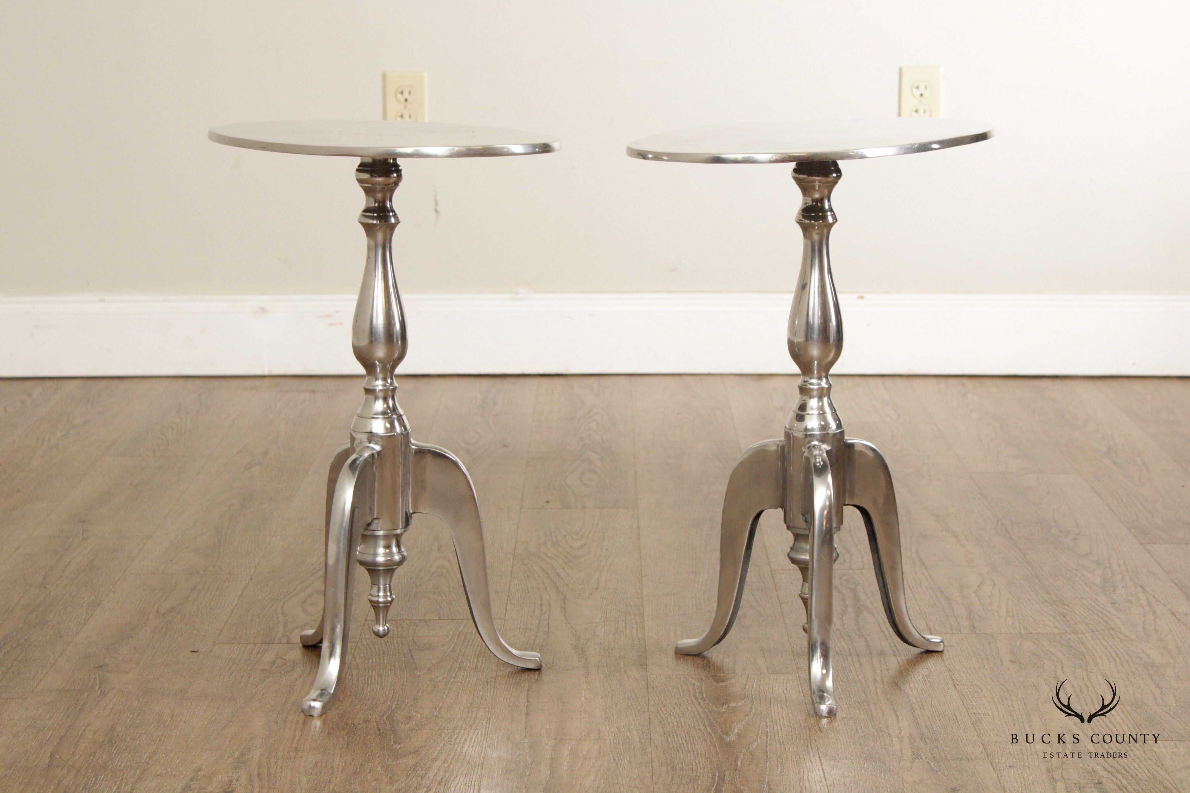 Modern Polished Aluminum Pair of Pedestal Side Tables