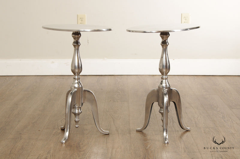 Modern Polished Aluminum Pair of Pedestal Side Tables