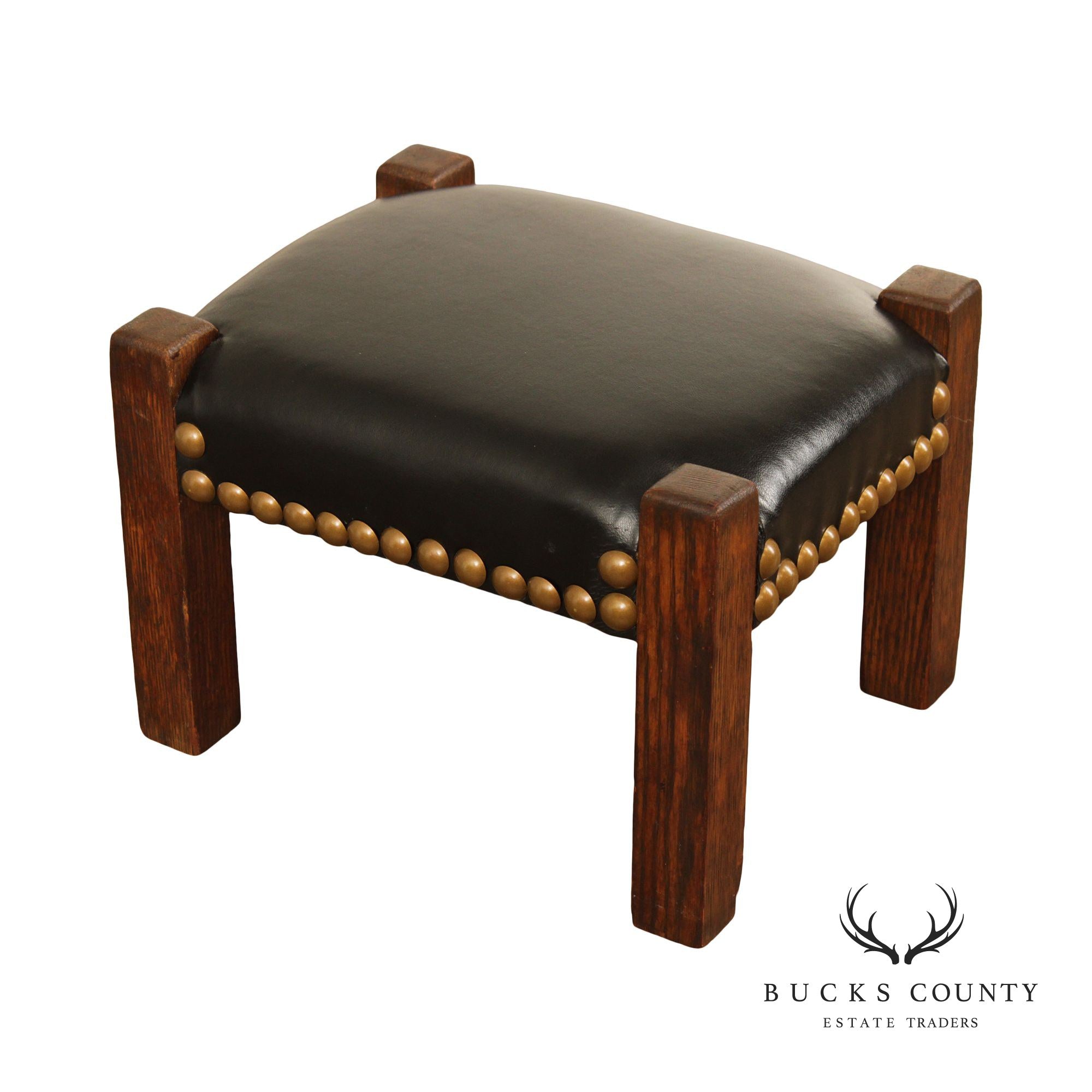 Mission Style Antique Oak and Leather Foot Stool