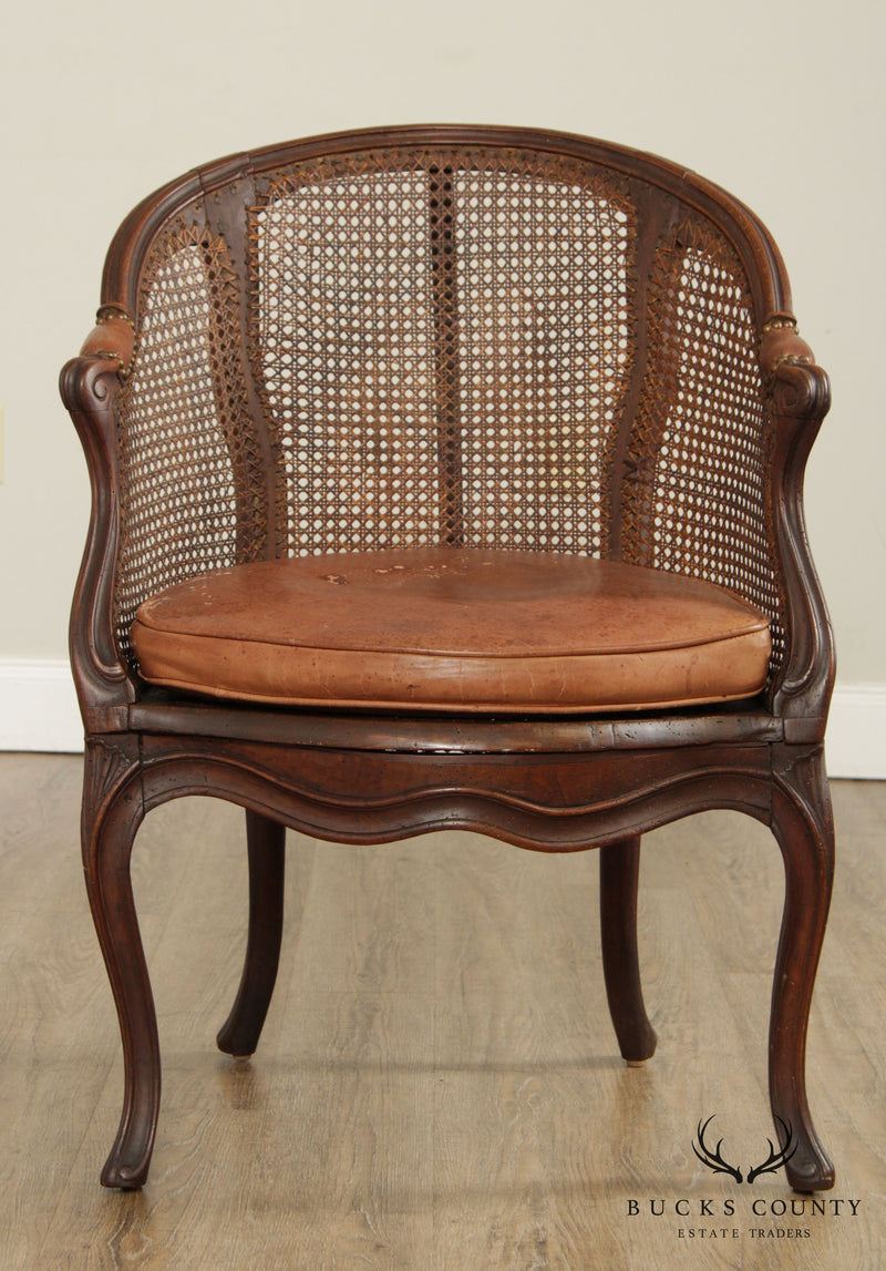 Mid-Century French Louis XV Carved Cane Desk Armchair with Leather