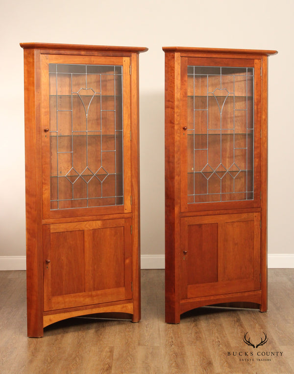 Stickley Mission Collection Pair of Cherry Corner Cabinets with Art Glass
