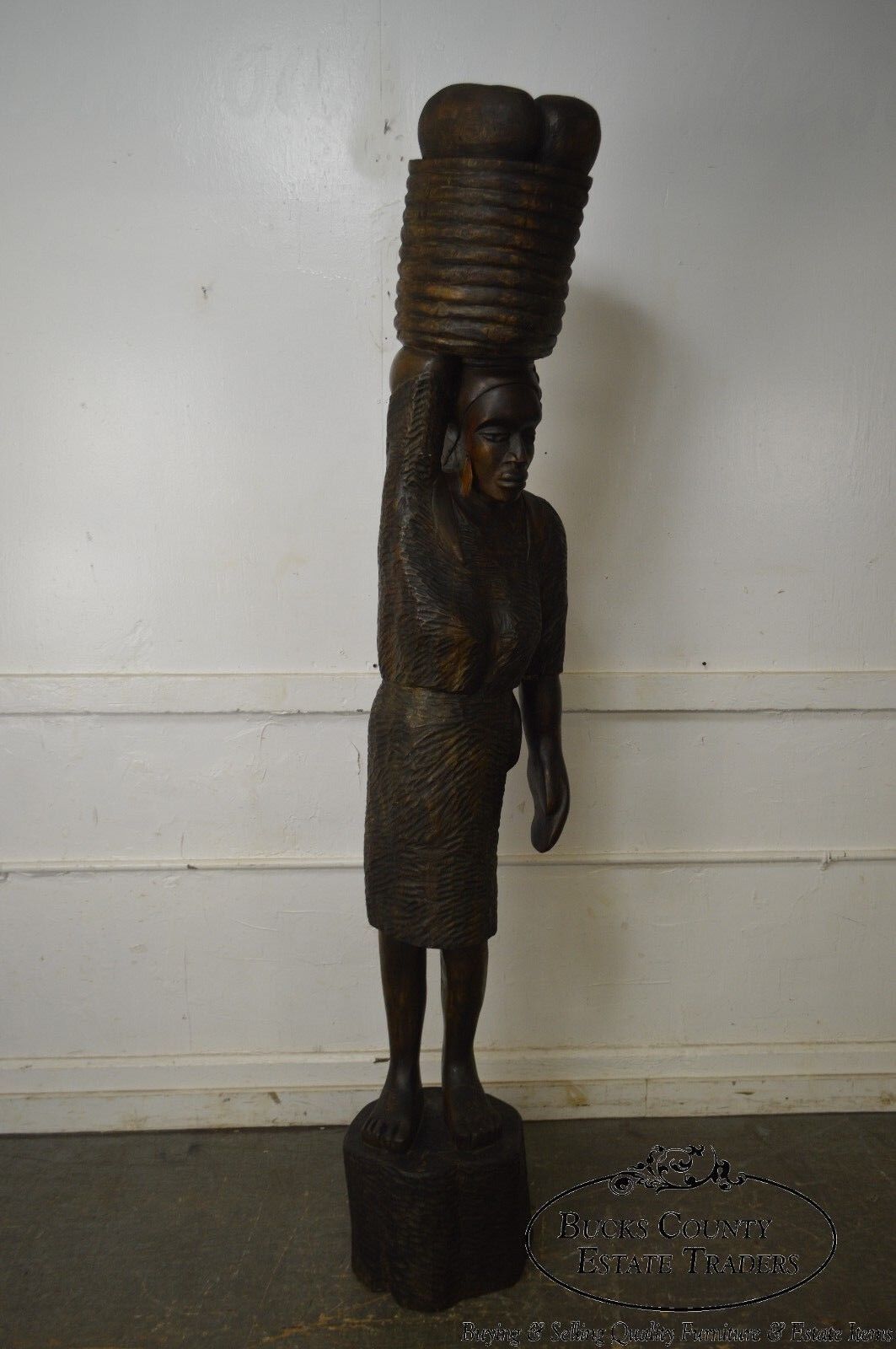 Haitian Vintage Hand Carved Wooden Folk Art Statue Woman Holding Basket on Head