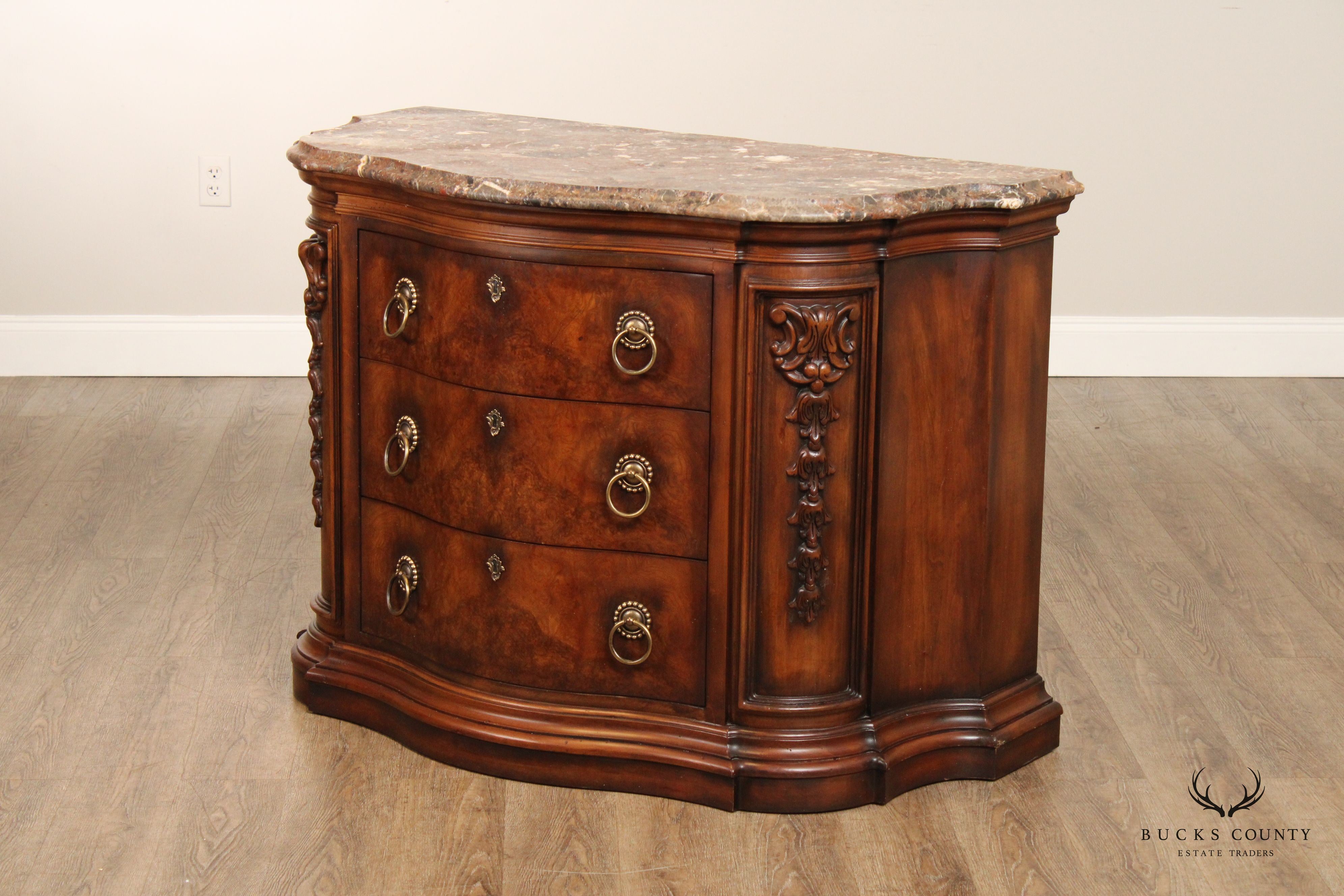 Henredon Tuscan Style Burl Walnut Marble Top Commode