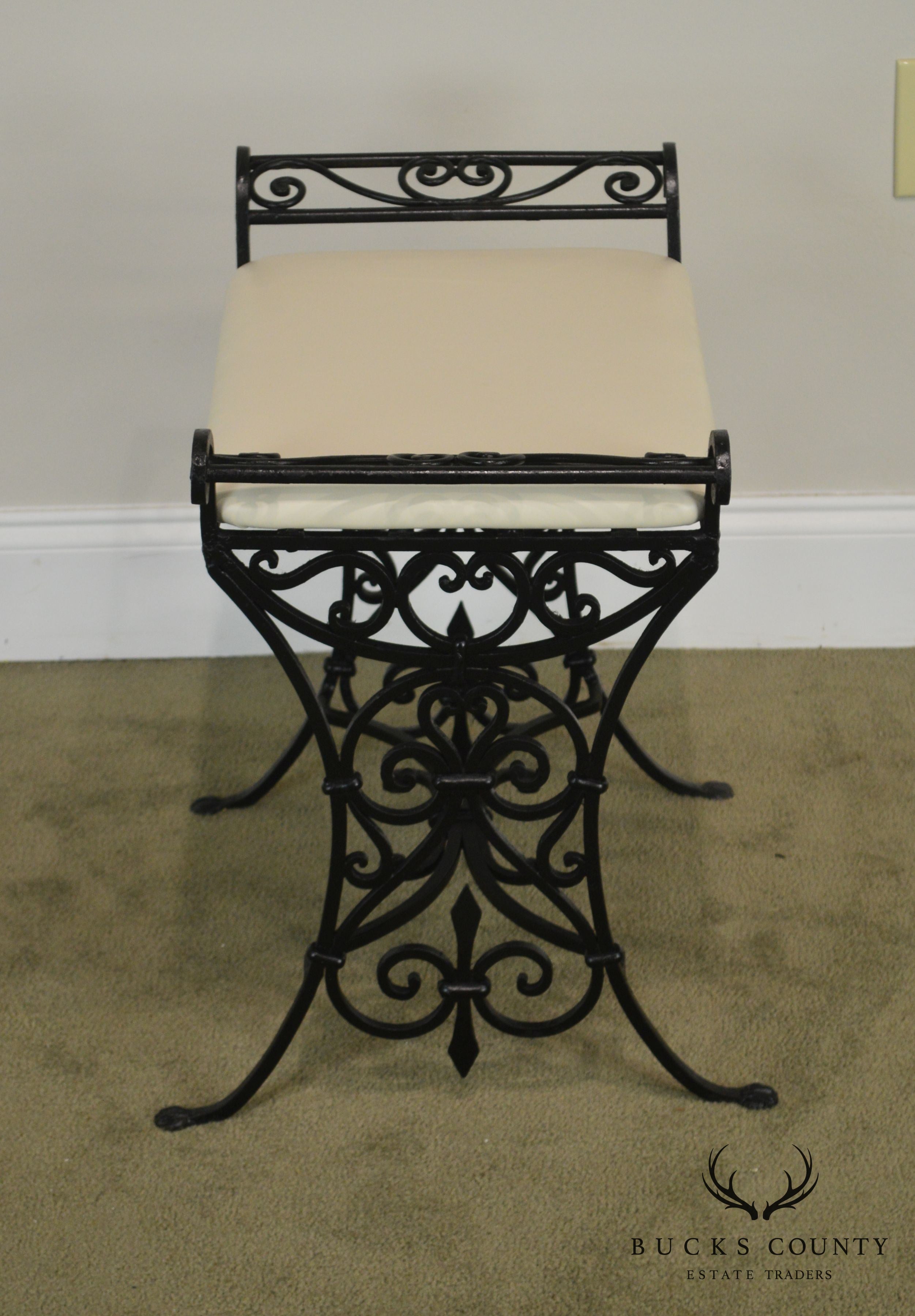 Wrought Iron Art Deco Period Vintage Leather Seat Bench