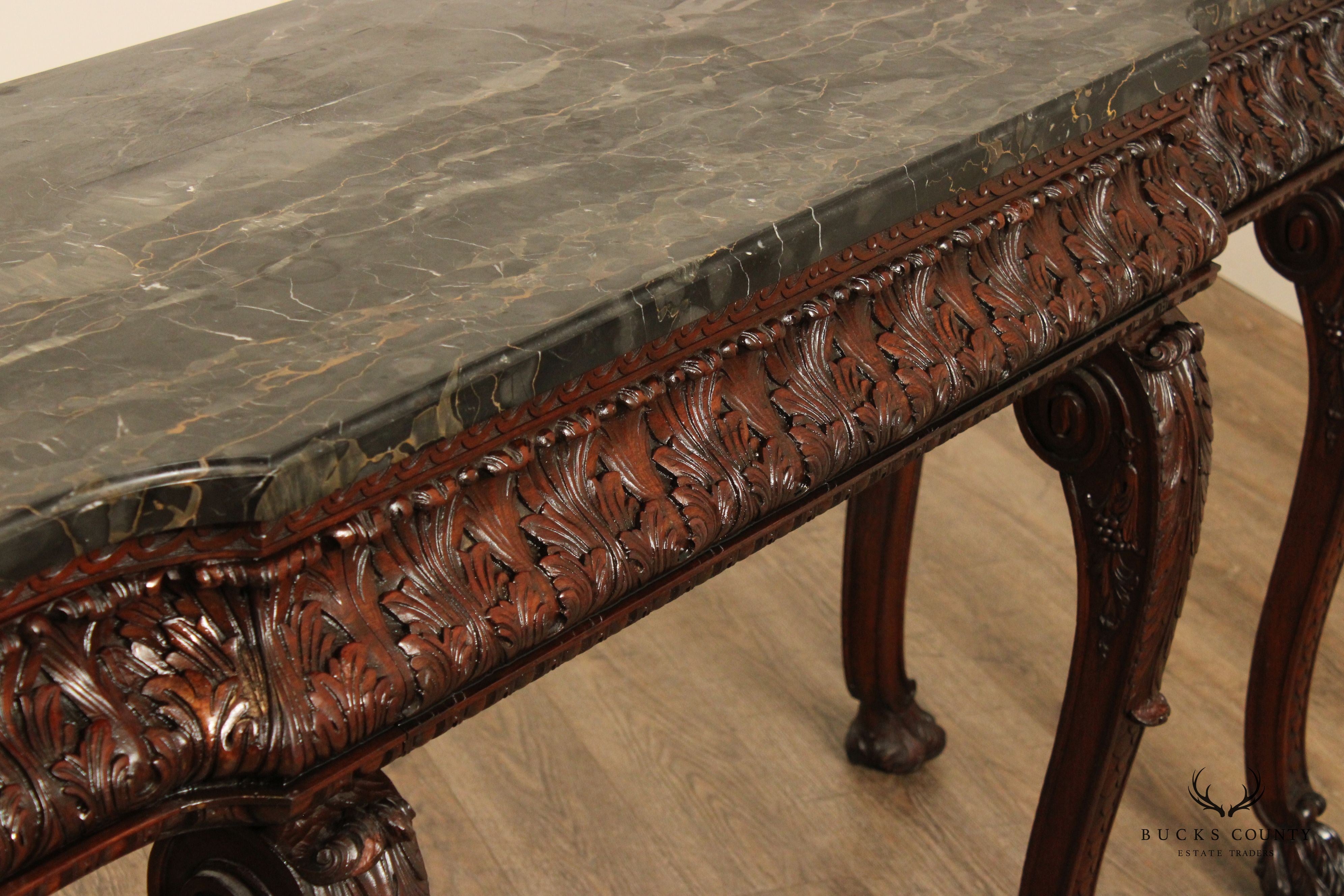 Antique Georgian Style Carved Mahogany Marble Top Console Table