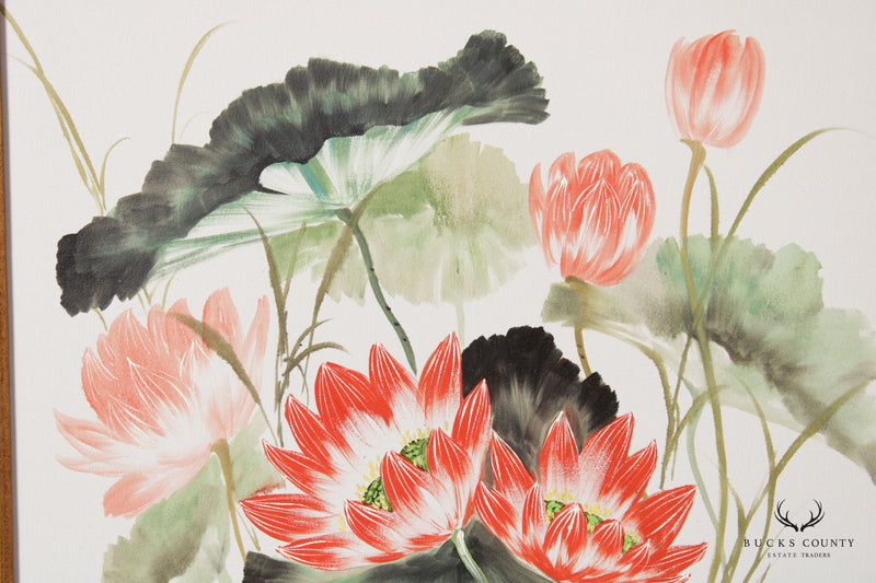 Vintage Chinese Water Lily Watercolor Painting