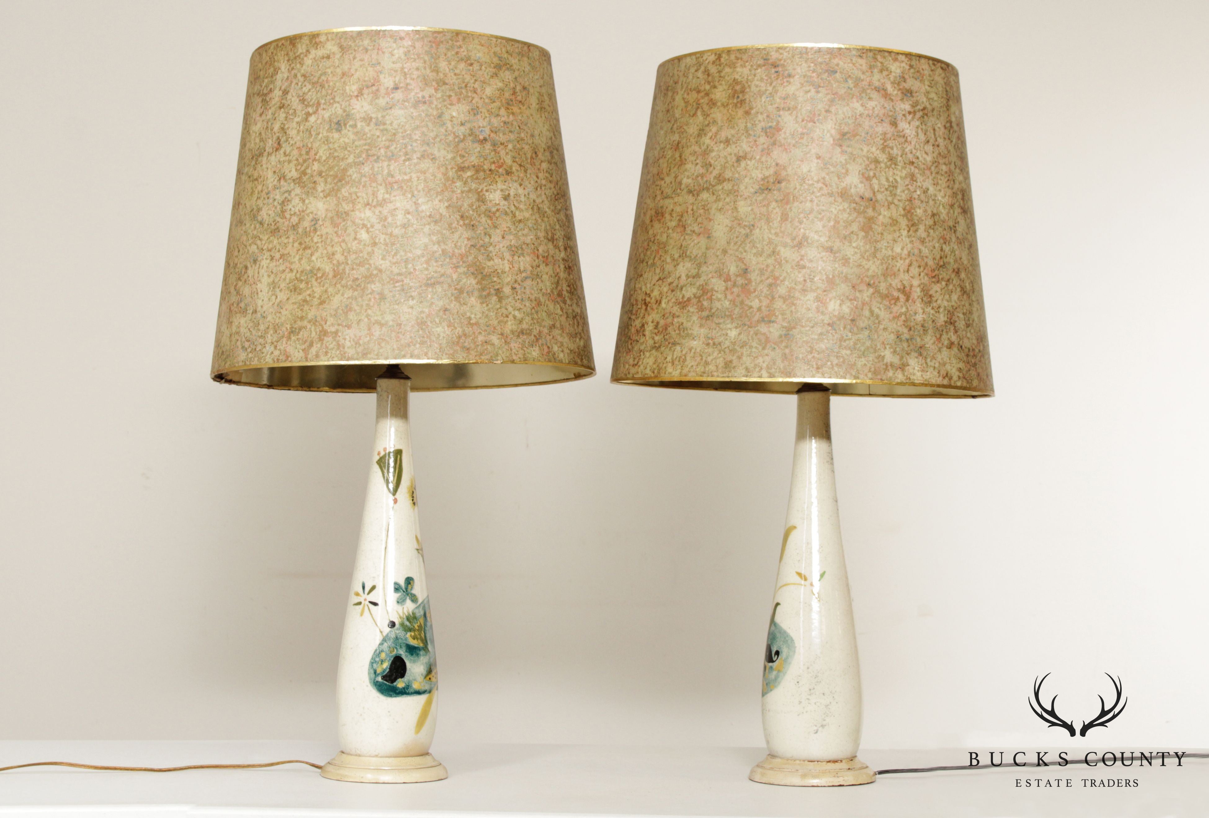 Vintage Arvi Tynys Pair Mid Century Modern Hand Painted Pottery Table Lamps