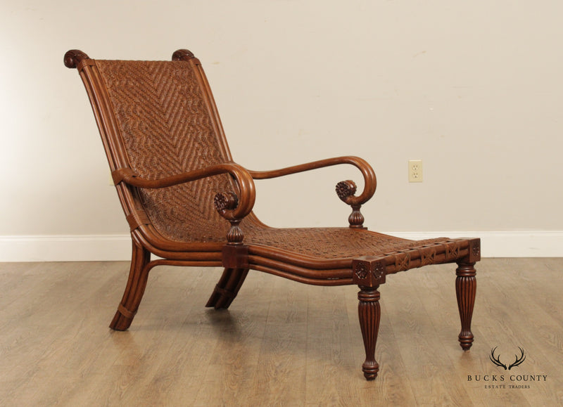 British Colonial Style Pair of Woven Rattan Bentwood Chaise Lounge Chairs