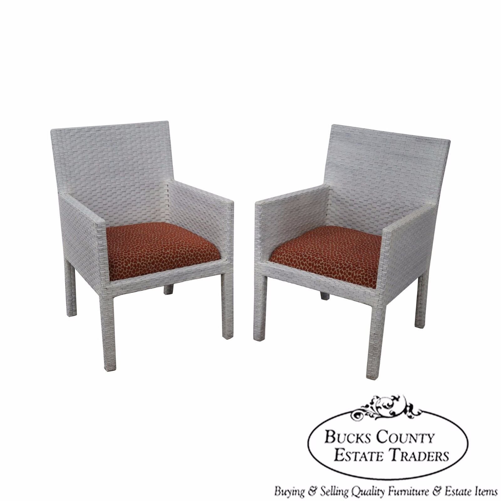 Quality Pair of White Woven Leather Arm Chairs