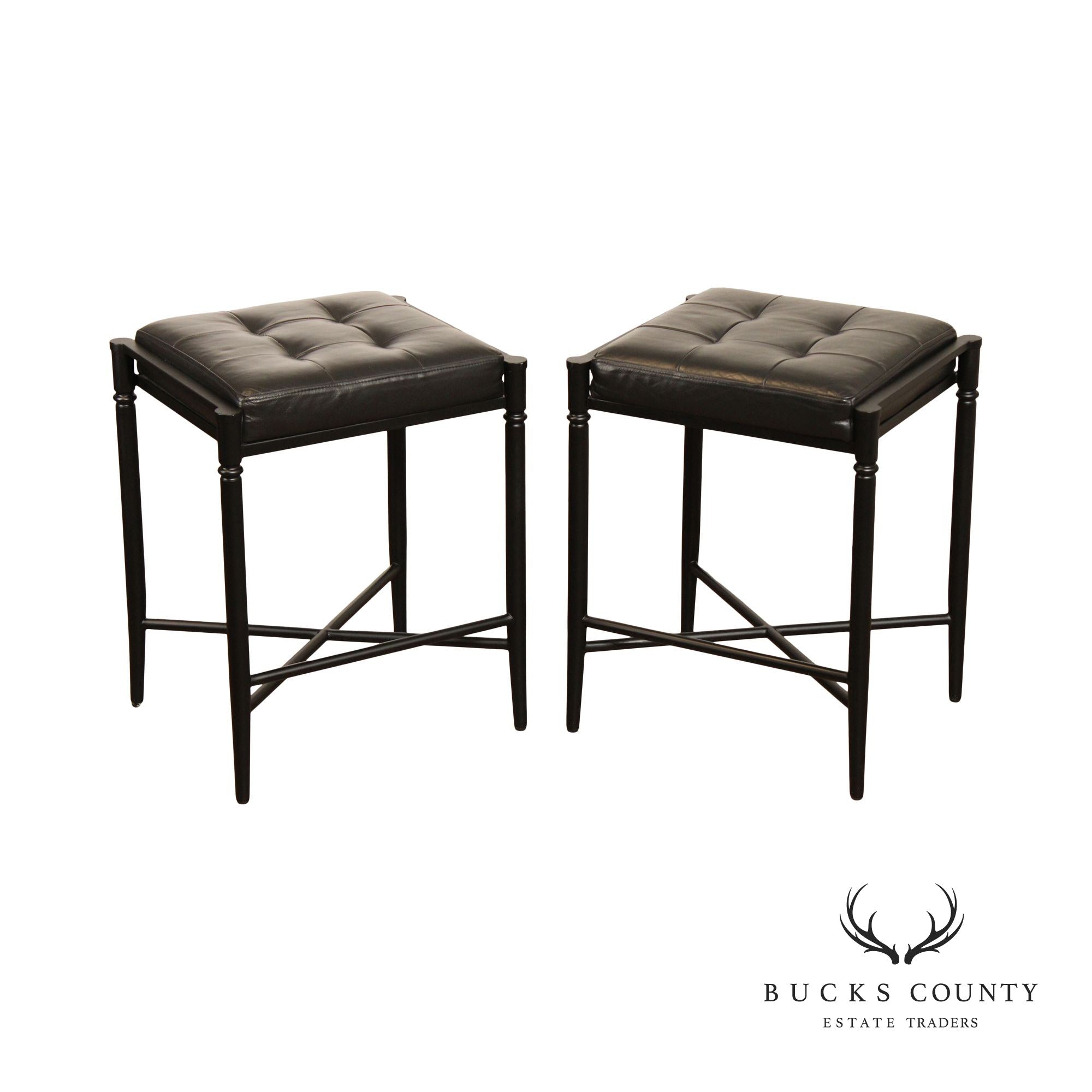 Frontgate Traditional Pair Of Metal and Tufted Leather Counter Stools