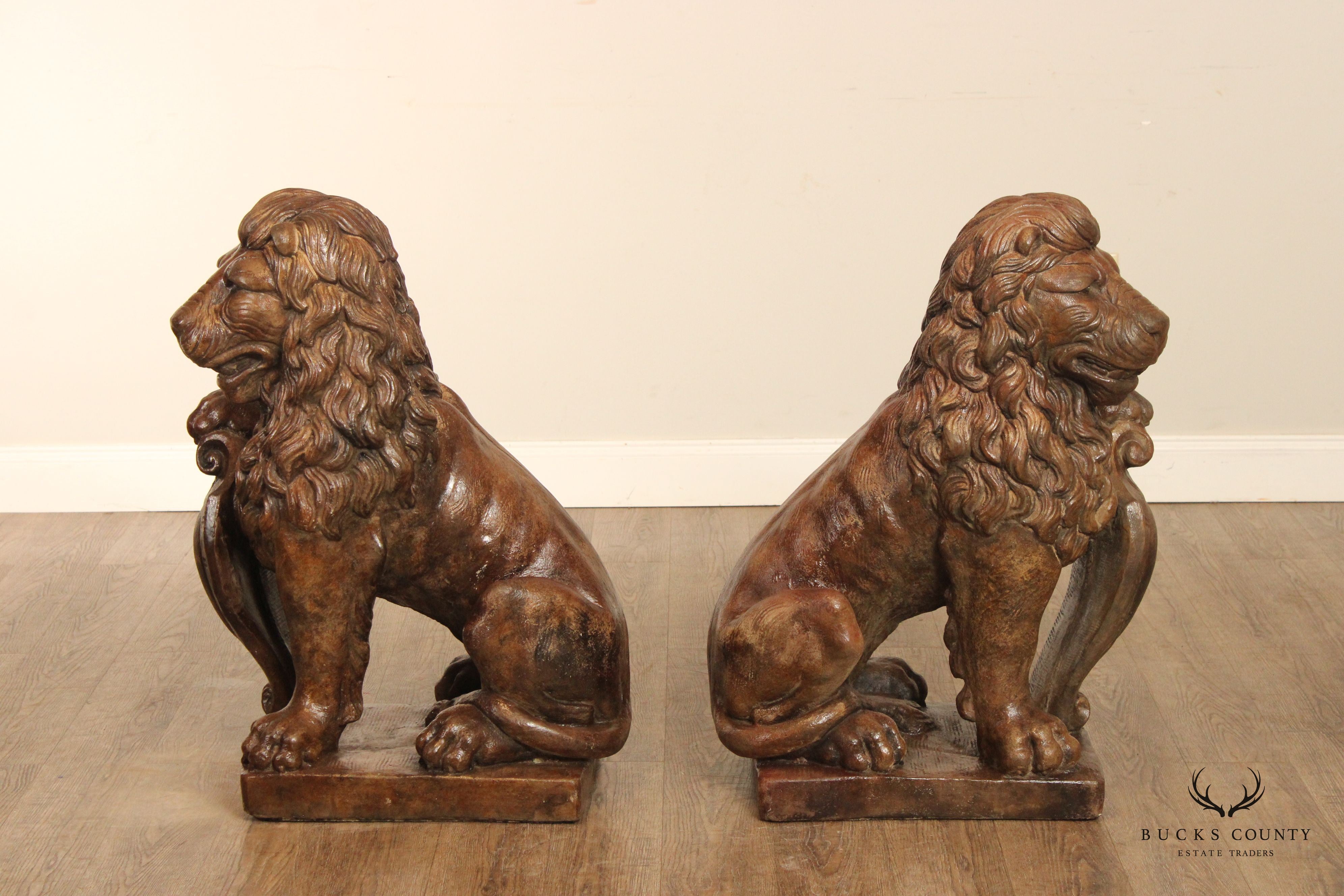 English Traditional Pair of Cast Stone Heraldic Lion Statues