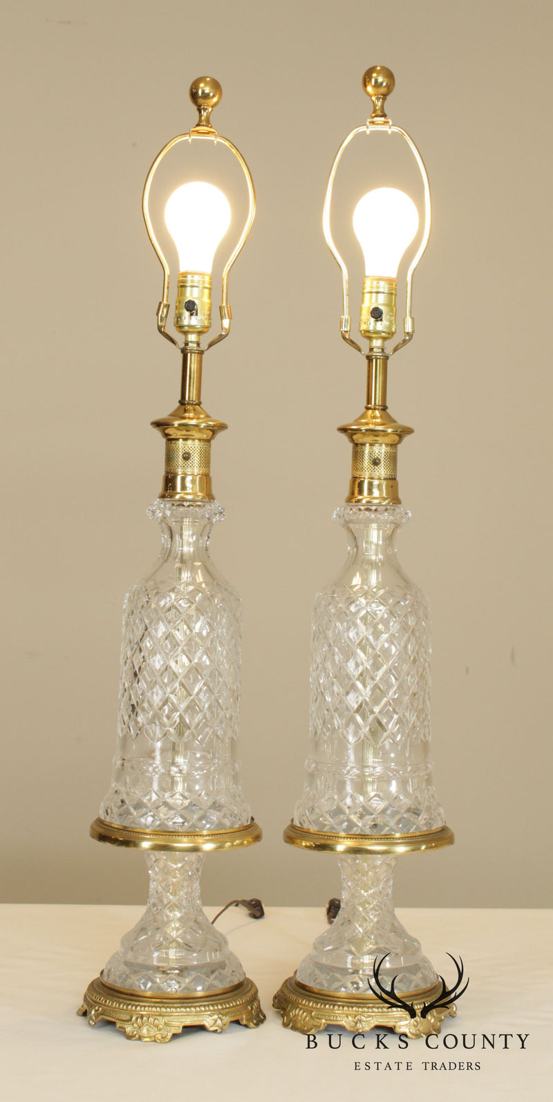 Pair Crystal Tuscan Style Table Lamps Brass Base