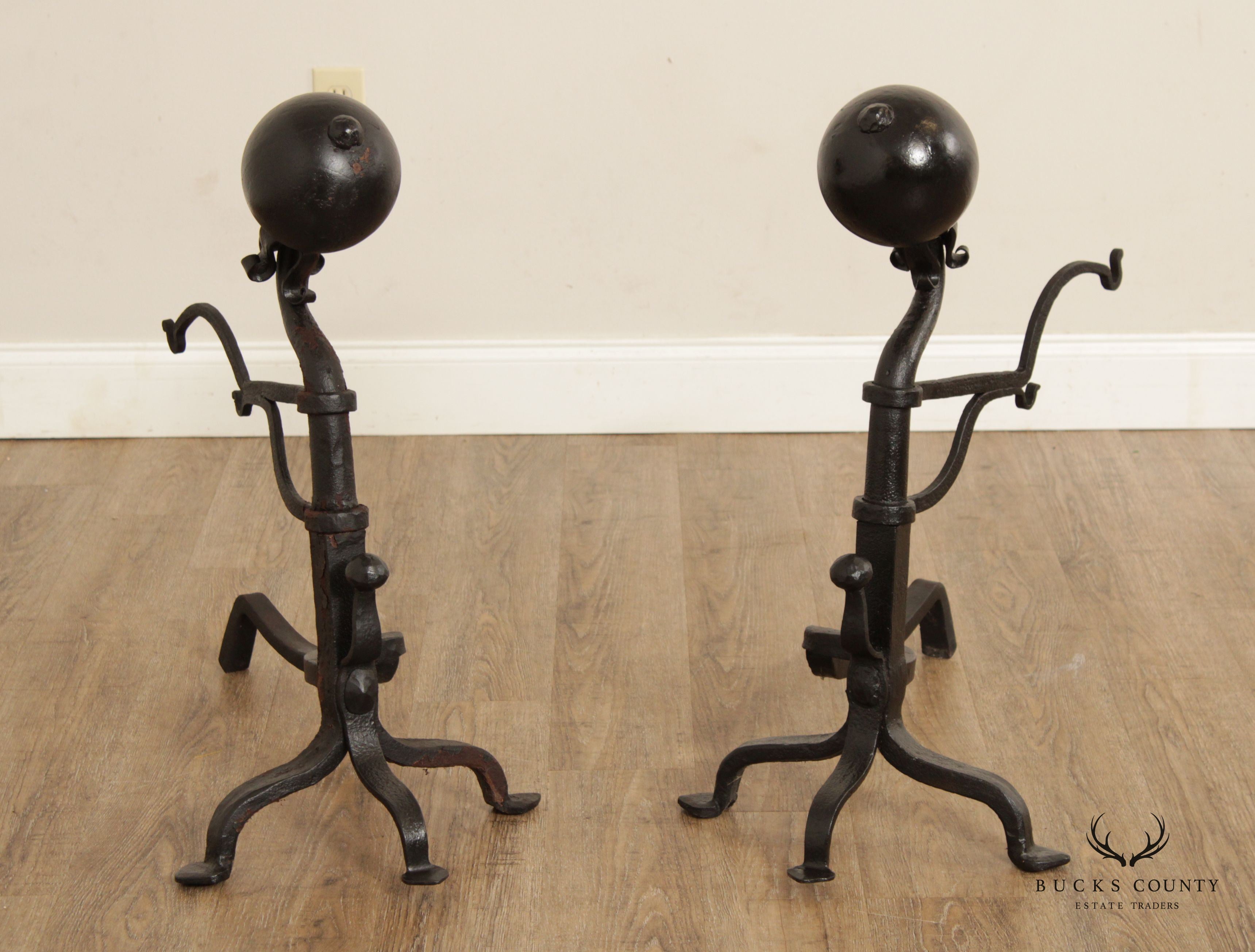 Antique 19th C. Pair Wrought Iron Cannonball Andirons