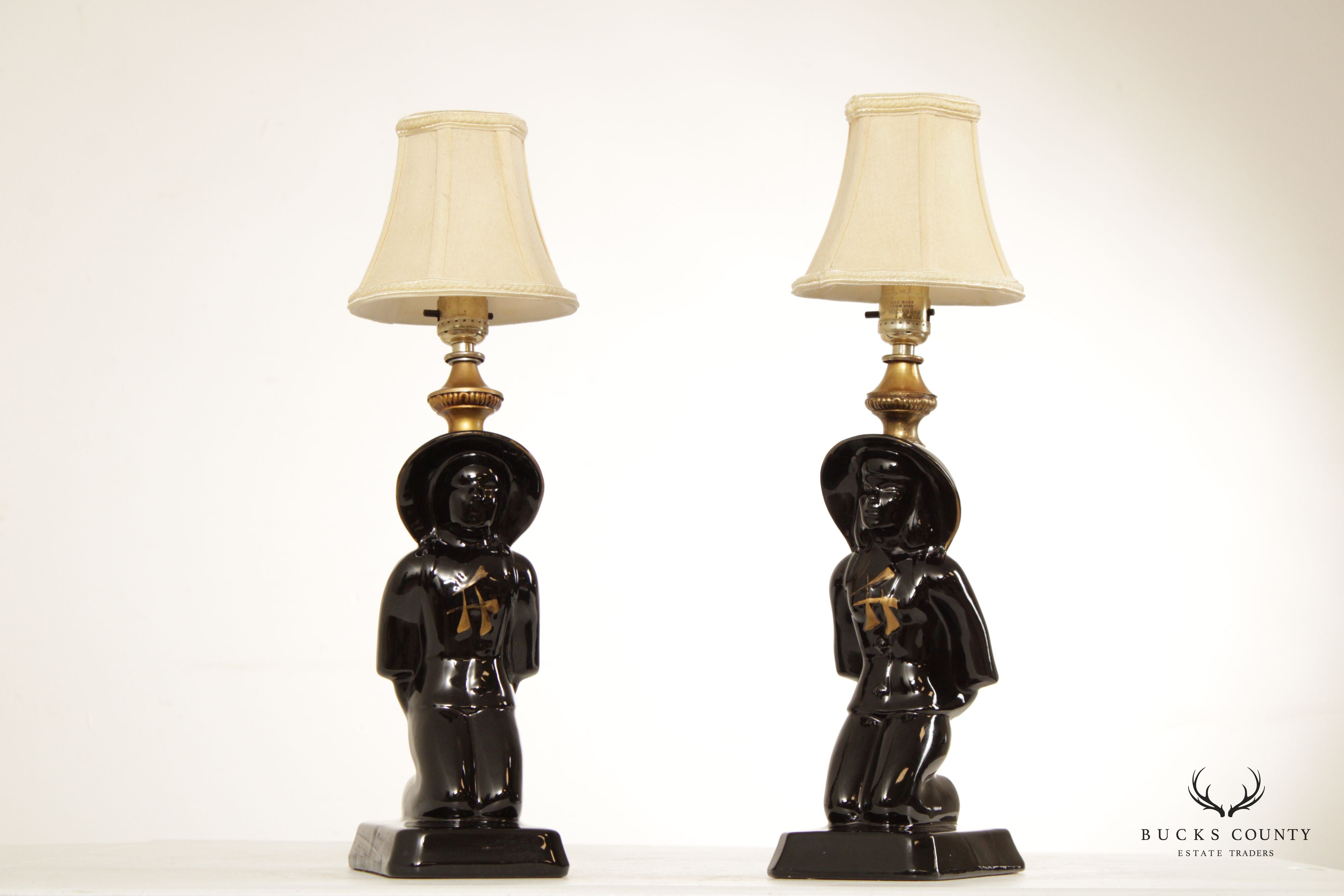 Underwriters' Laboratories Mid Century Chinoiserie Figural Ceramic Pair of Table Lamps