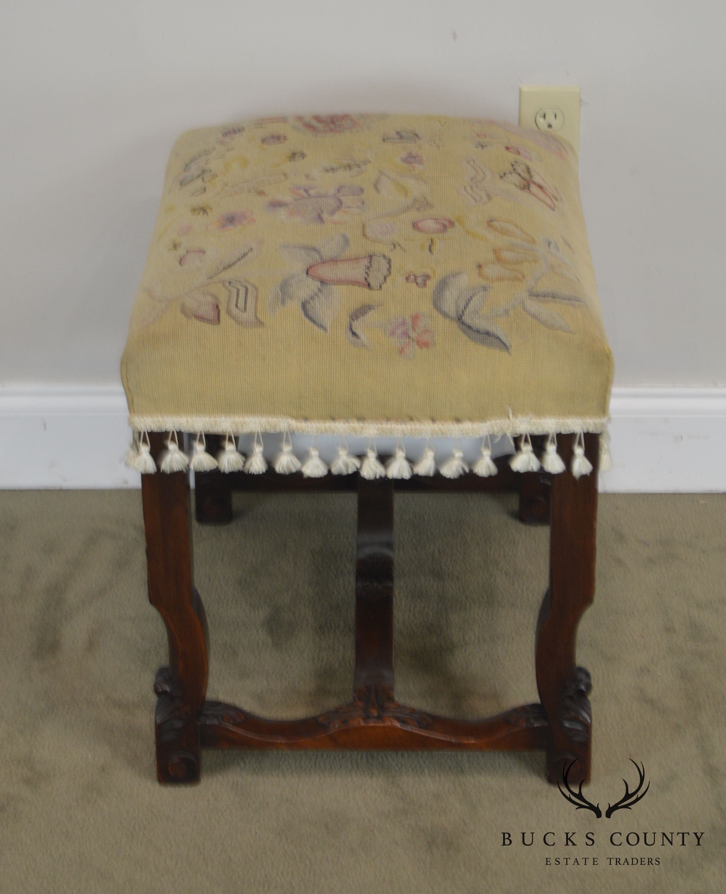 Italian Renaissance Antique Carved Needlepoint Ottoman Bench