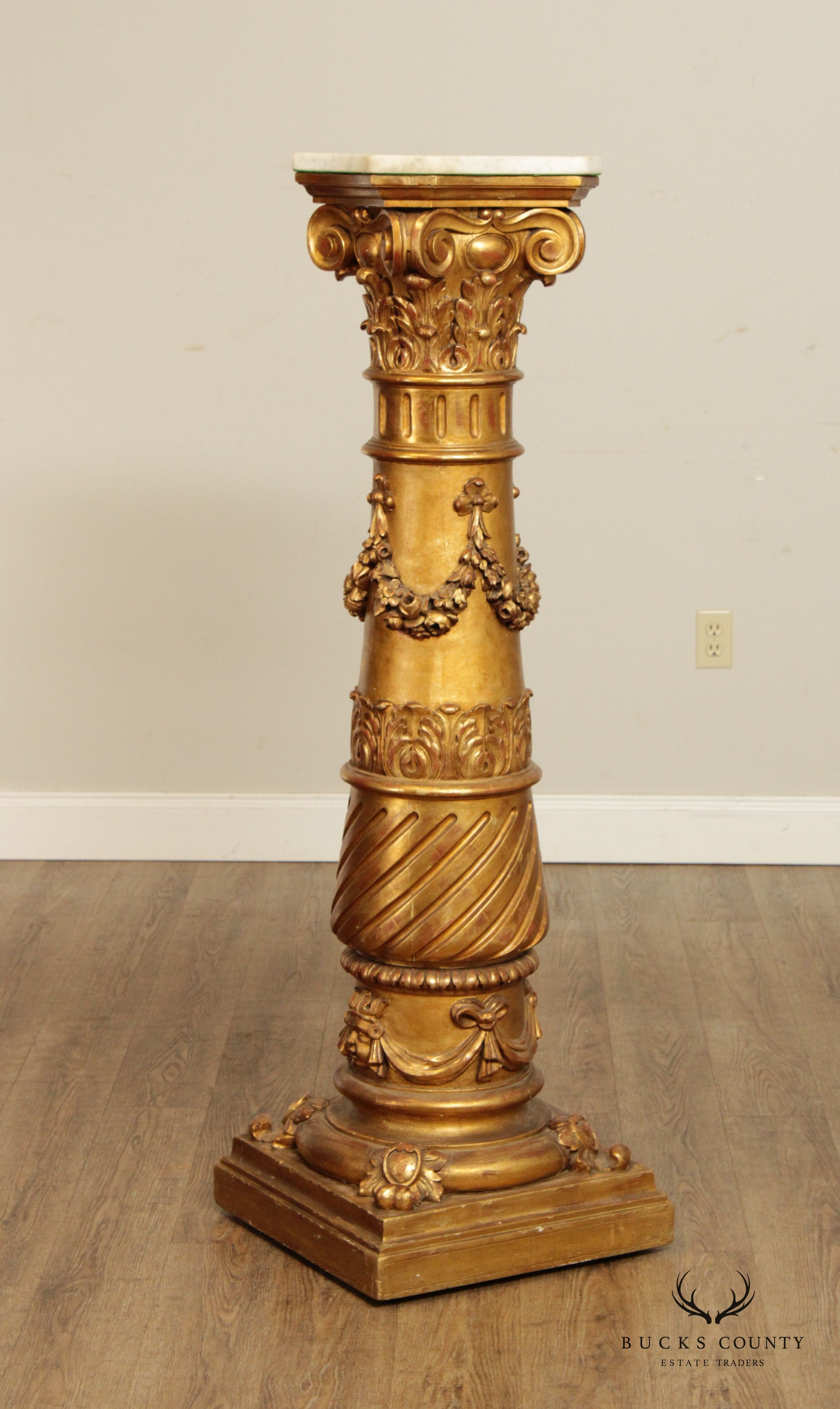 Antique 19th Century Italian Neoclassical Carved Giltwood Marble Top Pedestal