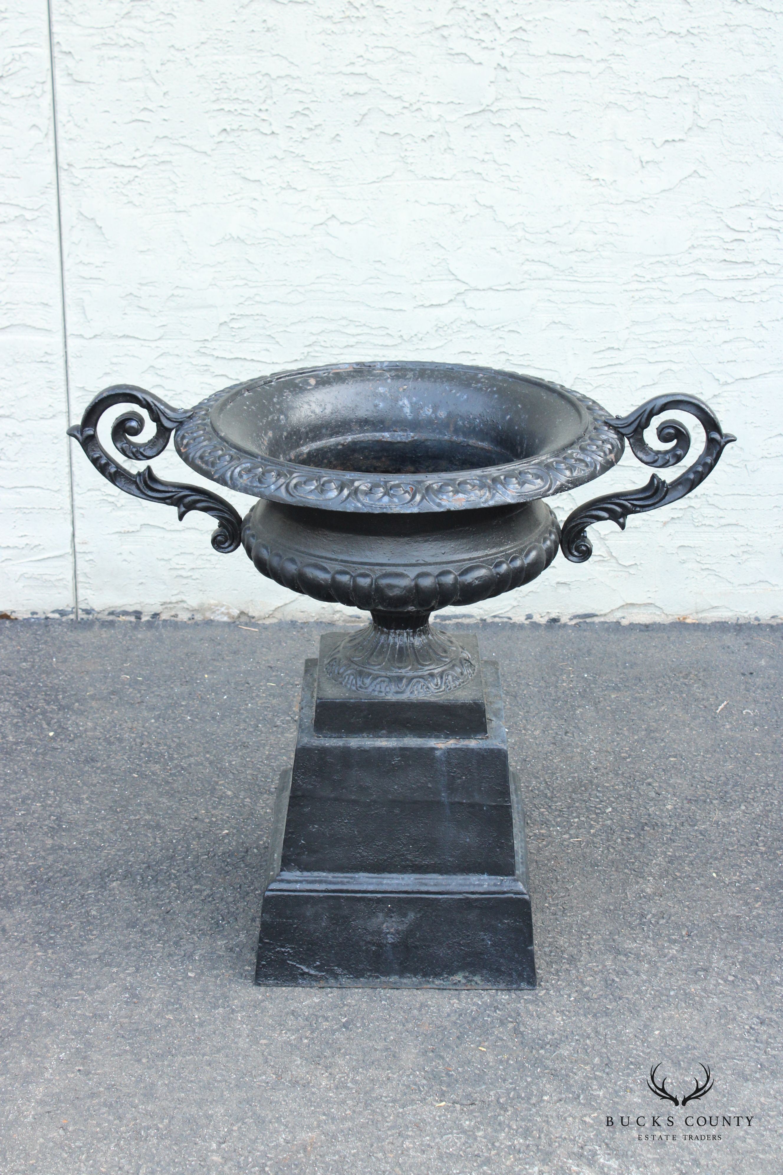 Neoclassical Style Pair of Cast Iron Outdoor Garden Urns