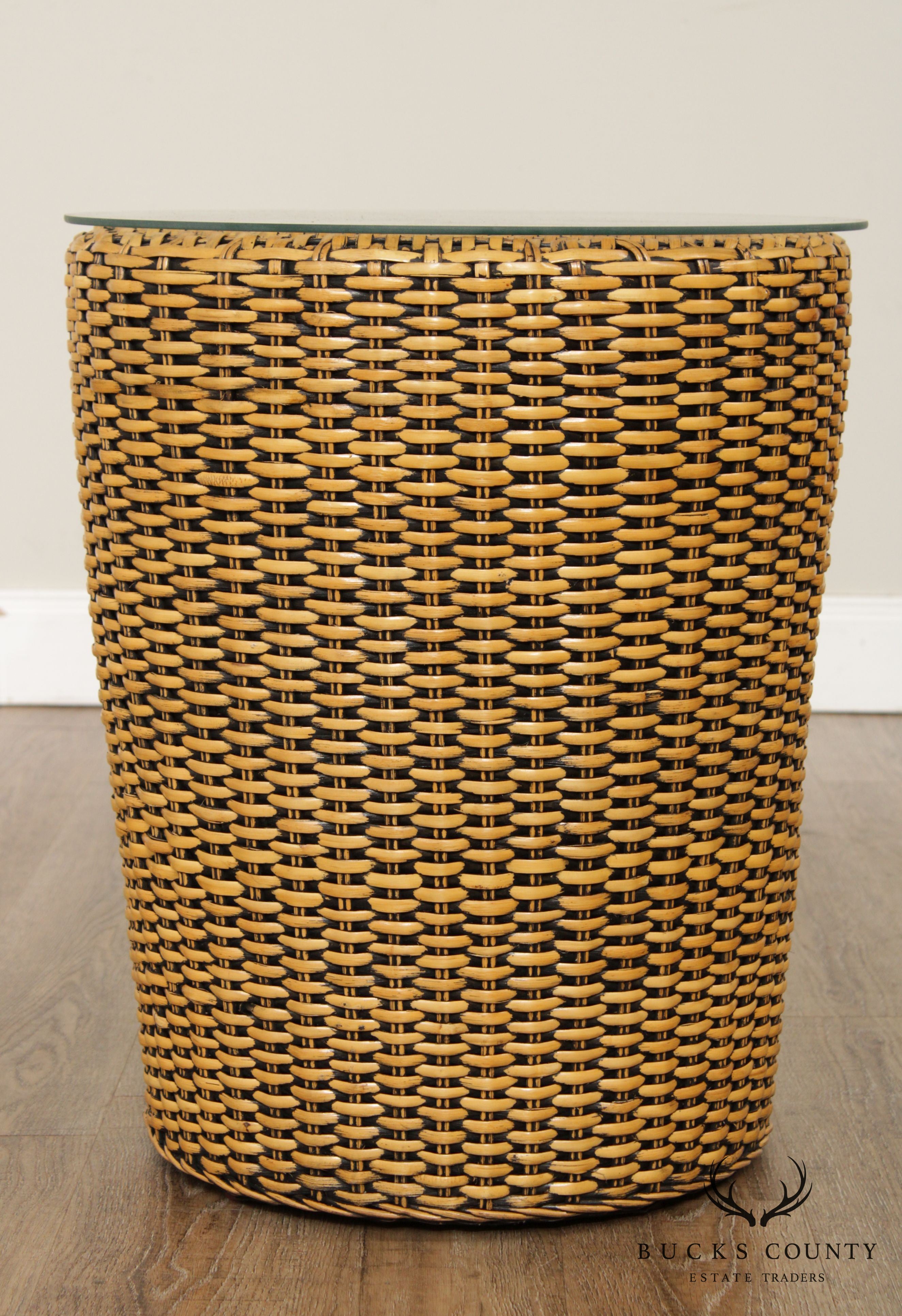 Vintage Woven Wicker Rattan Glass Top Round Side Table