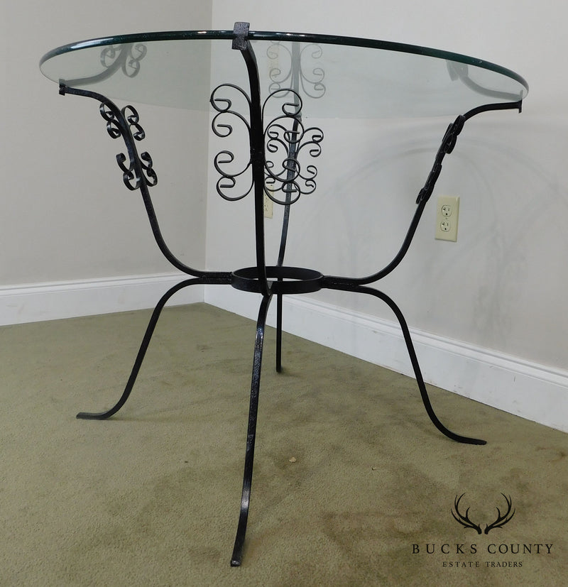 Vintage Black Scrolled Wrought Iron Round Glass Top Table
