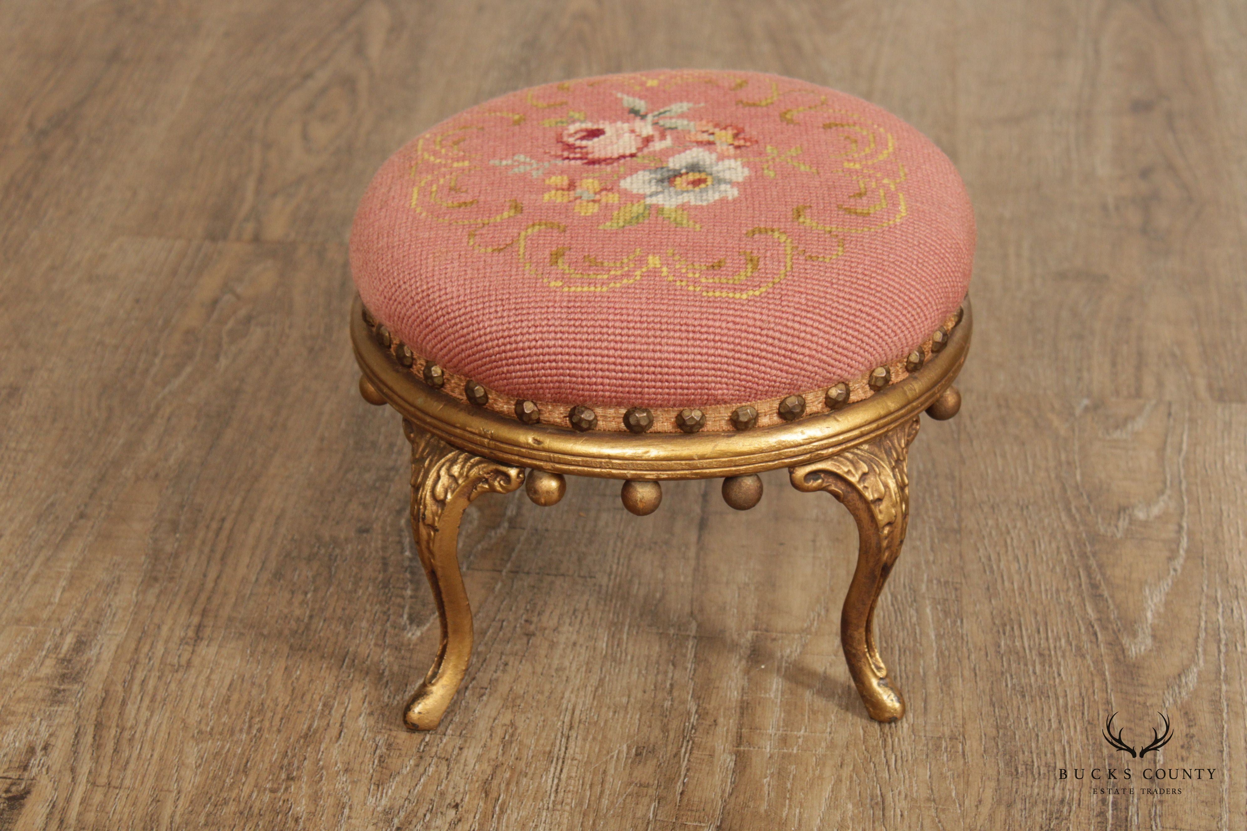 Victorian Style Needlework Gilt Painted Small Round Foot Stool