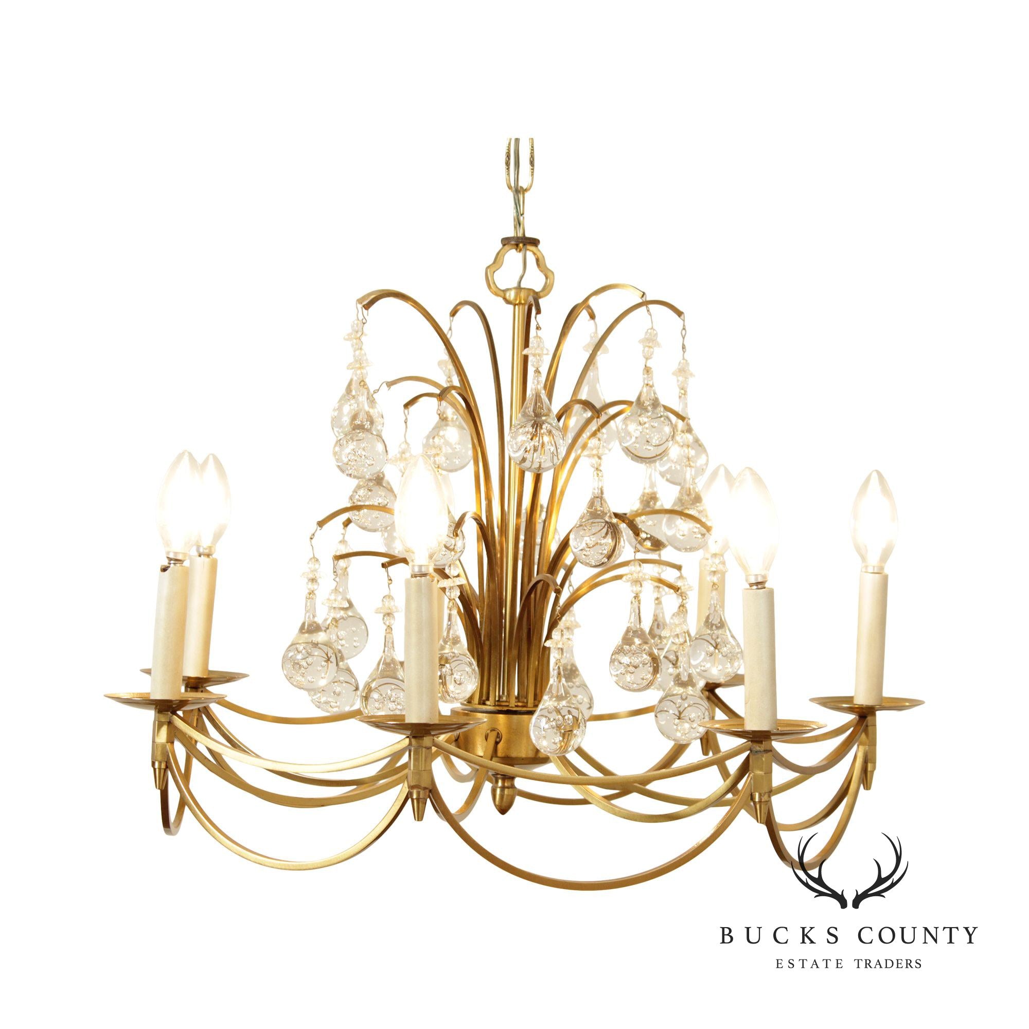 Hollywood Regency Brass and Crystal 7-Light Chandelier