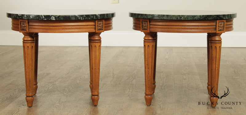 French Louis XVI Style Vintage Walnut Pair Round Marble Top Side Tables