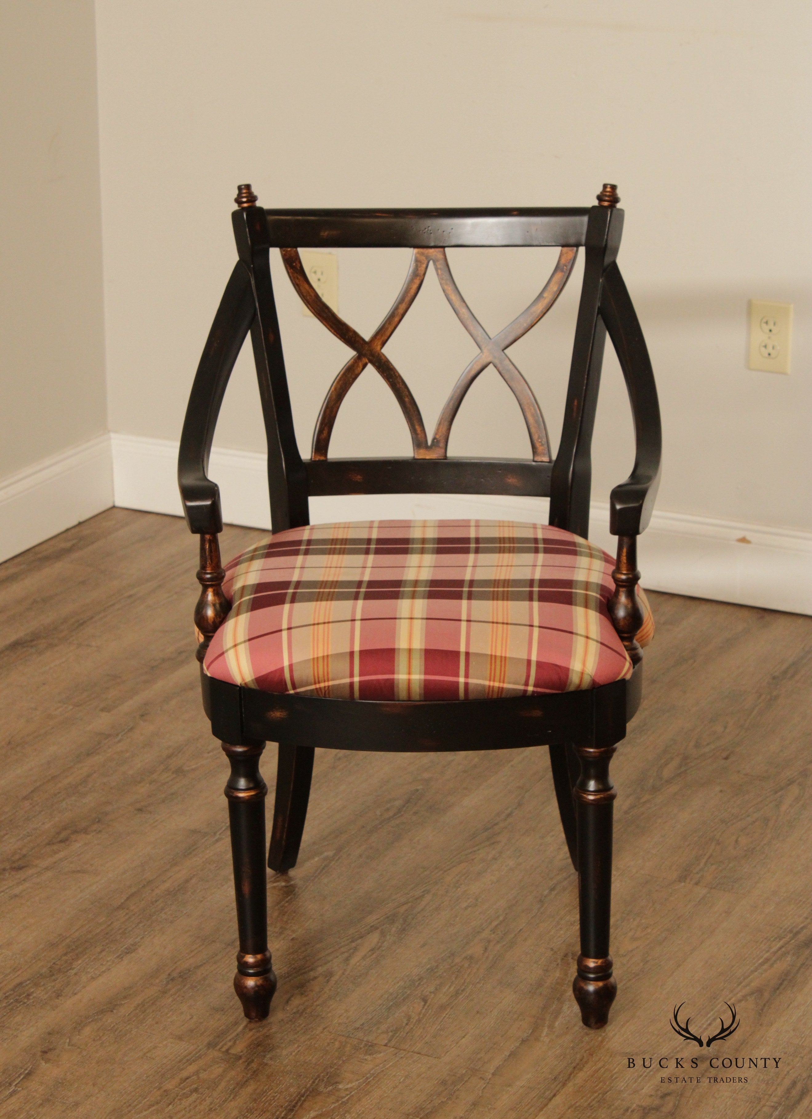 Regency Style Black Gilt Painted Arm Chair