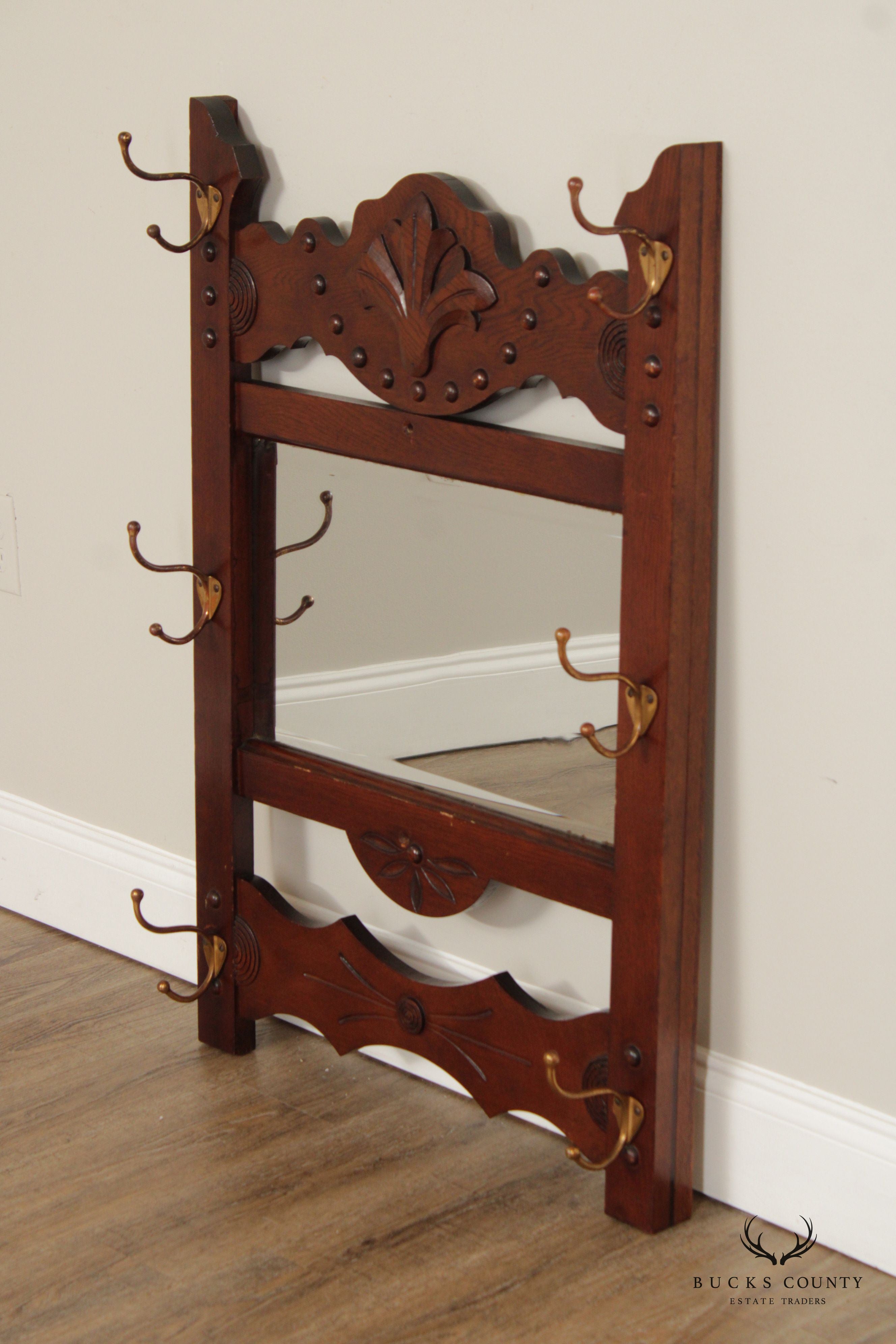 Antique Victorian Oak Hat Rack Wall Mirror