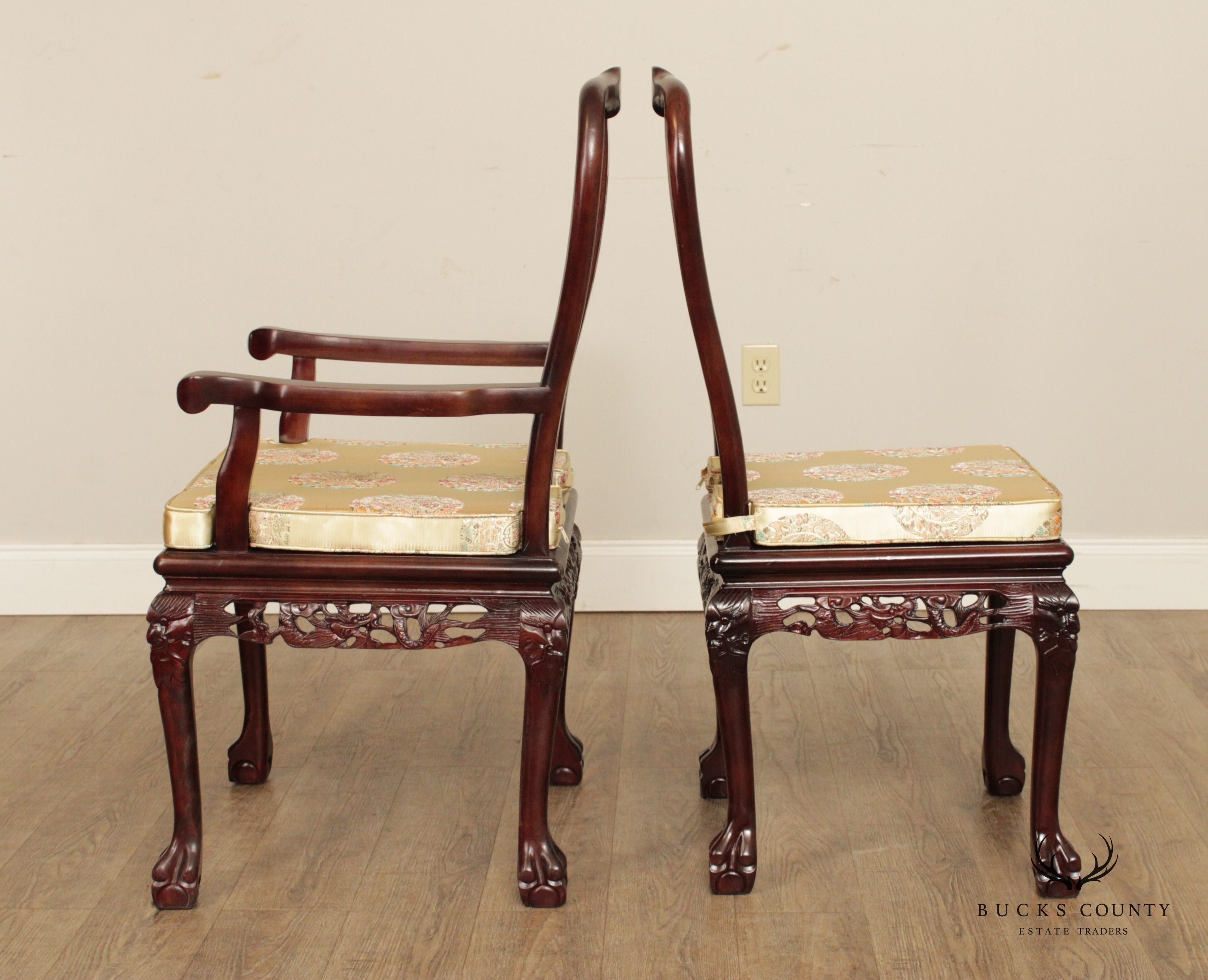 Chinese Rosewood Mother of Pearl Inlaid Dragon Carved Set of 8 Dining Chairs