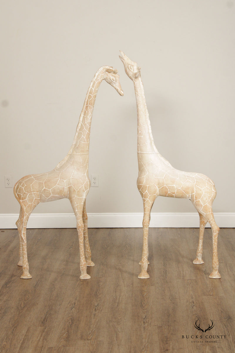 Pair of Tall Vintage Carved Wood Giraffe Sculptures