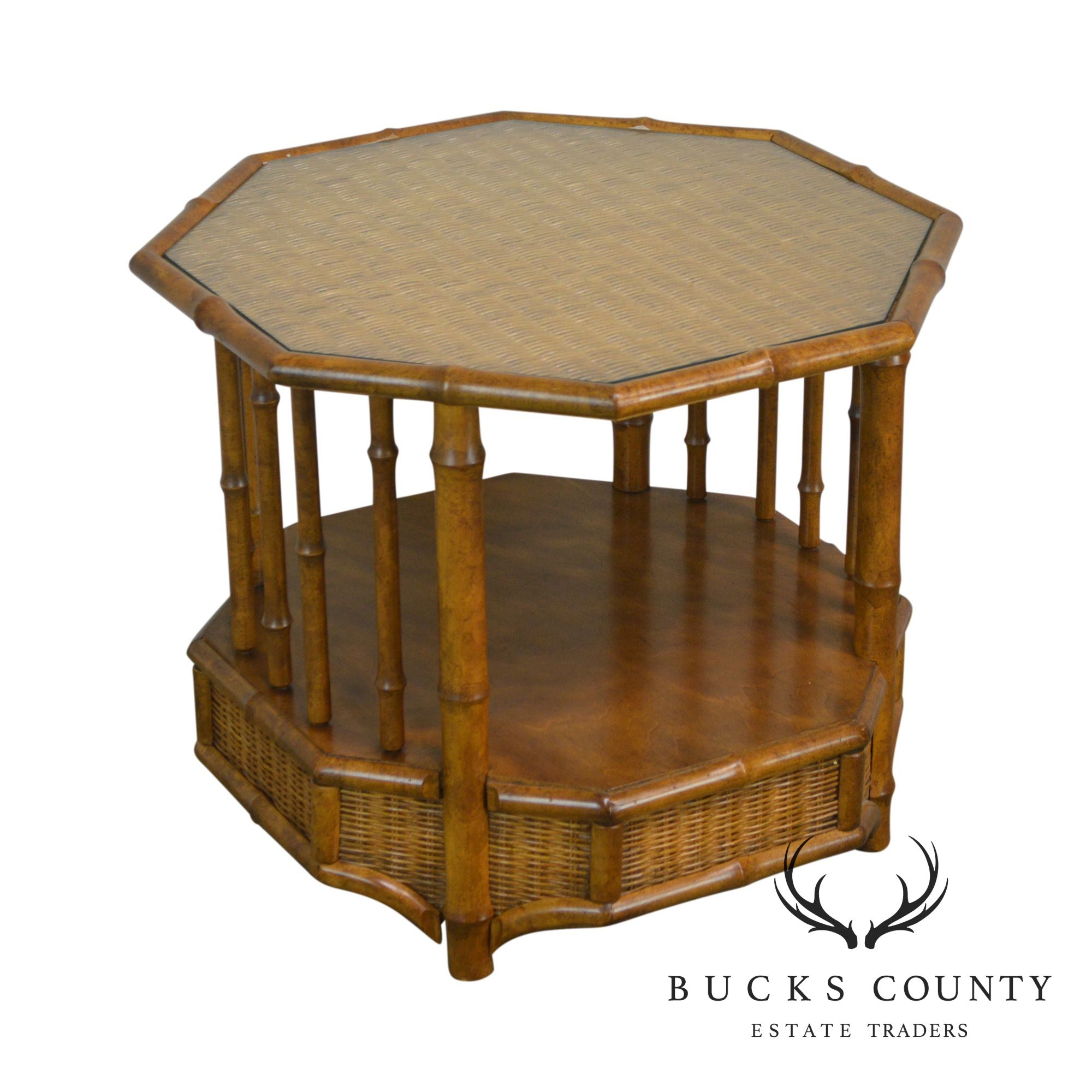 Faux Bamboo Octagon Wicker Top Side Table