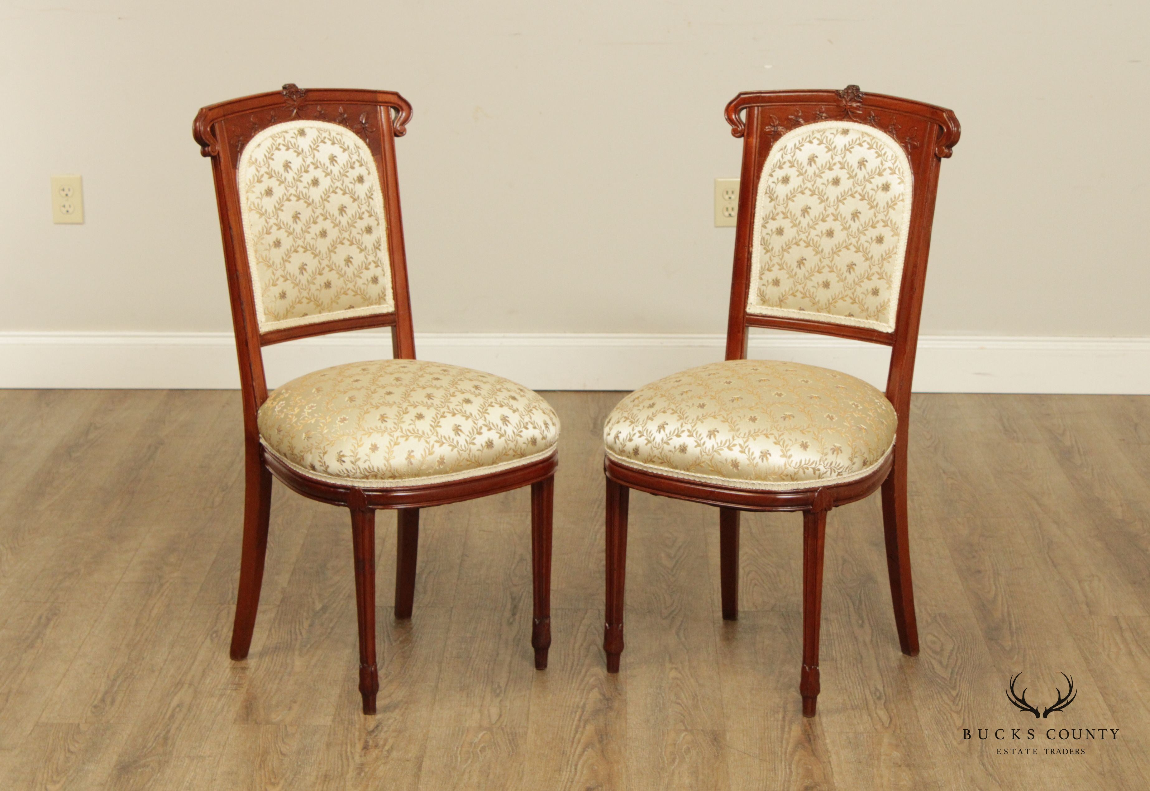 Antique French Art Nouveau Exceptional Quality Carved Mahogany Pair Upholstered Side Chairs