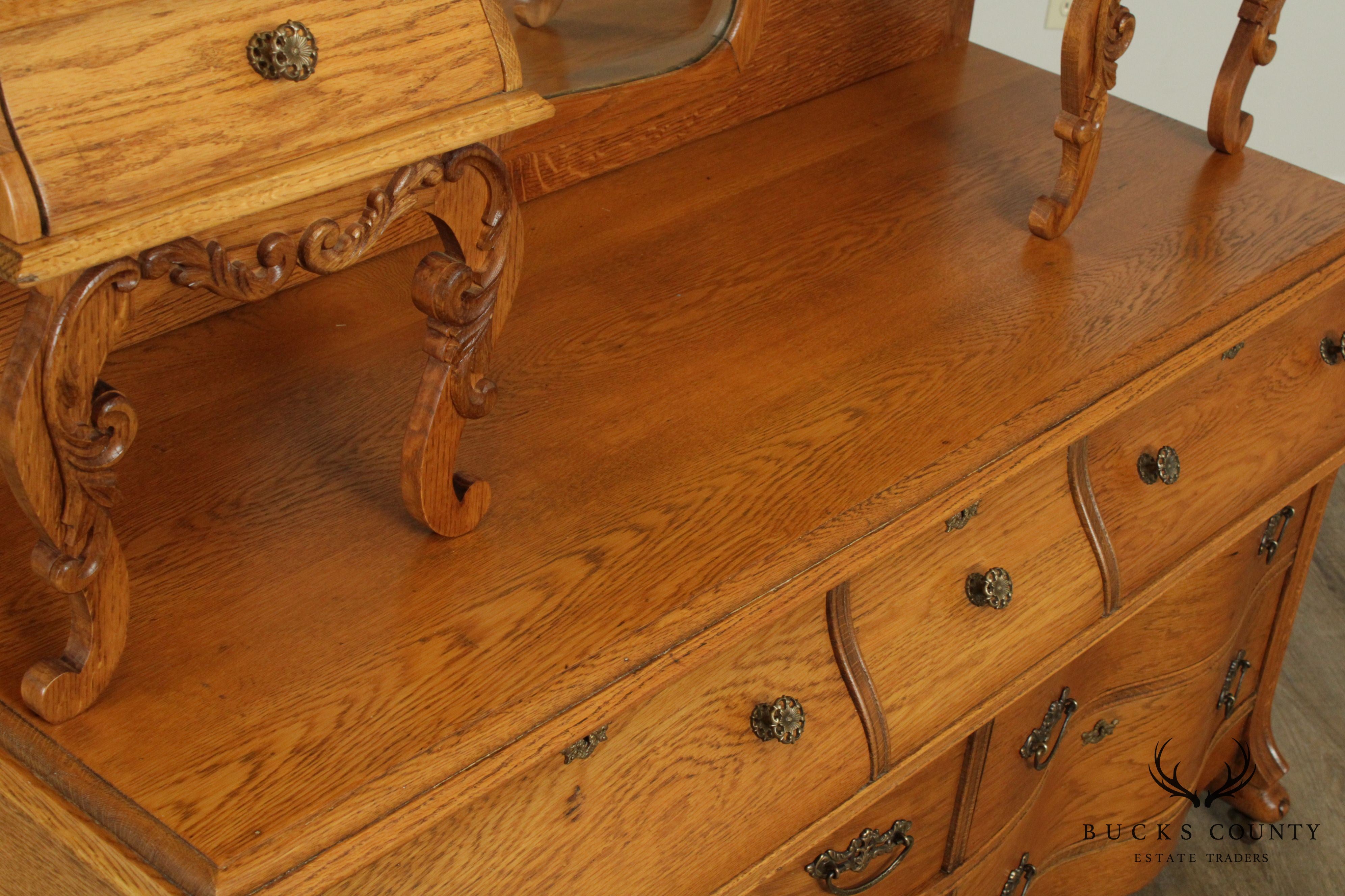 Antique Victorian Oak Unusual Double Dresser, Mirror Back