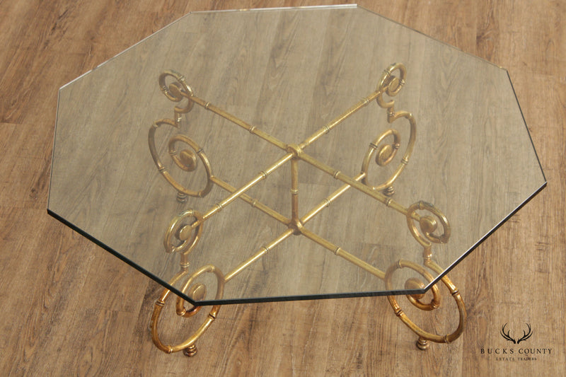 Hollywood Regency Faux Bamboo Gilt Metal Glass Top Coffee Table